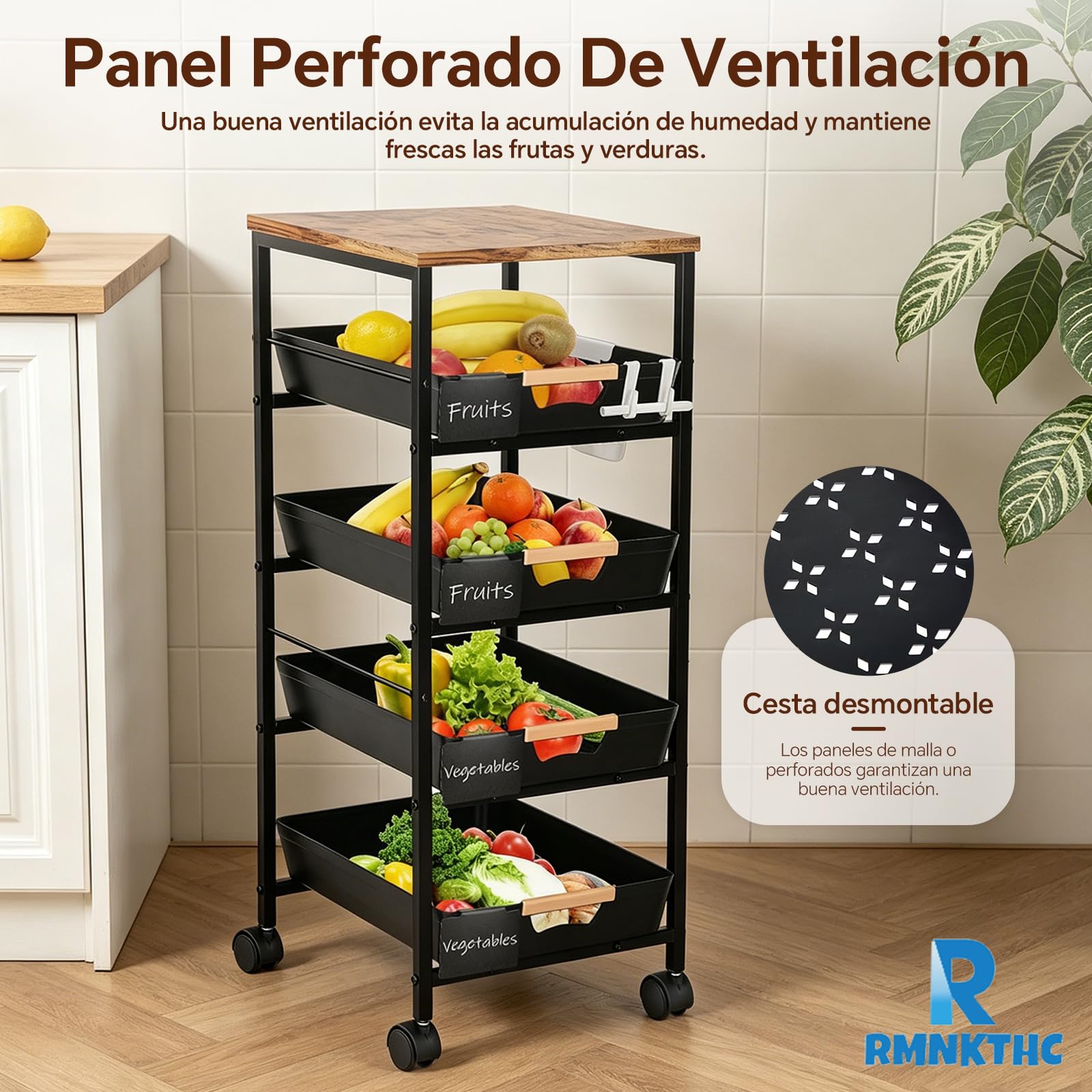 Carro de cocina con 5 estantes y 4 cajones, ruedas de 360° con 2 frenos, con placa de madera y cestas ventiladas, para almacenar frutas, verduras, microondas en la cocina y el salón (32 x