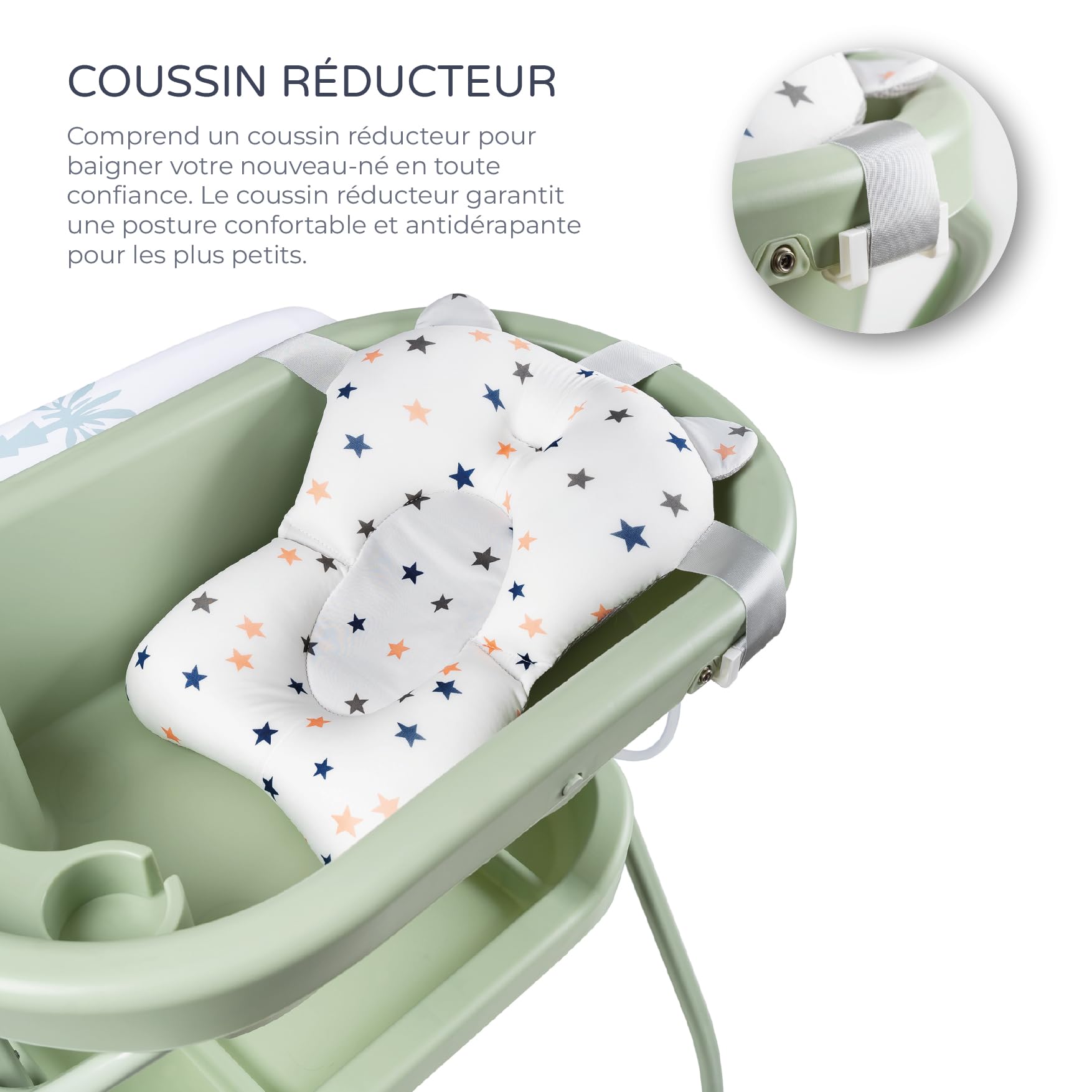 MS BabyWorld Bubble + Réducteur – Baignoire ergonomique pour bébé avec pieds et matelas à langer imperméable et rembourré | Fermeture compacte, organiseur, 4 roulettes avec freins (Vert/Blanc)