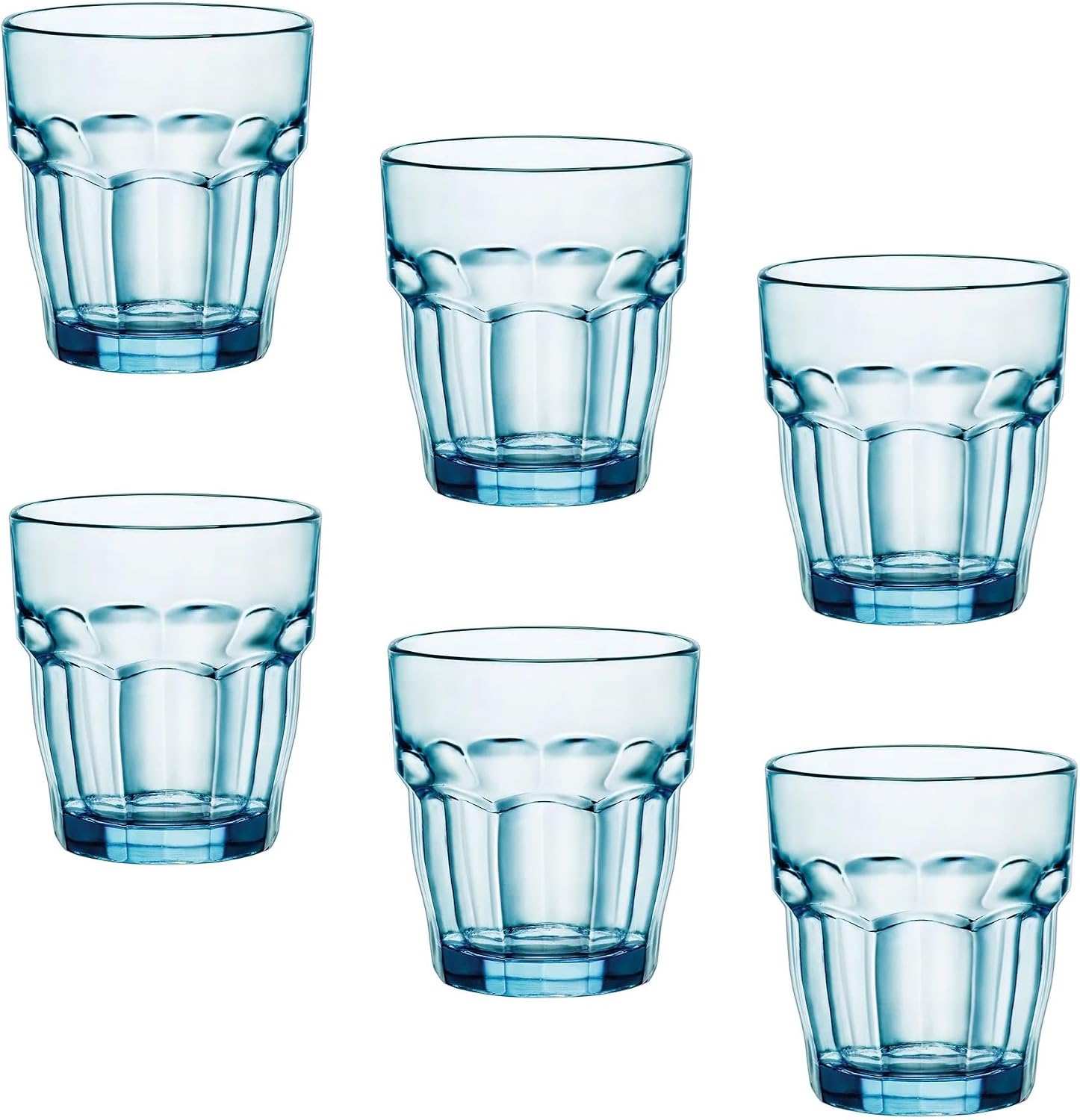 Bormioli Rocco Rock Bar 9.25 oz. Rocks Stackable Tempered Beverage Glasses for Cold Drinks, Water, and Cocktails, Set of 6, Ice Blue