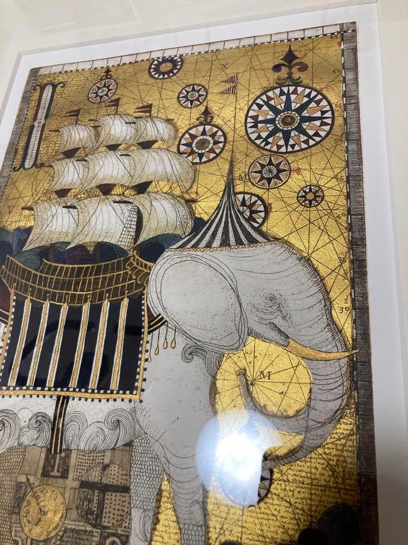 坪内好子 象と帆船のコンポジション 金箔+銅版画+手彩色 坪内好子 象と帆船のコンポジション 金箔+銅版画+手彩色