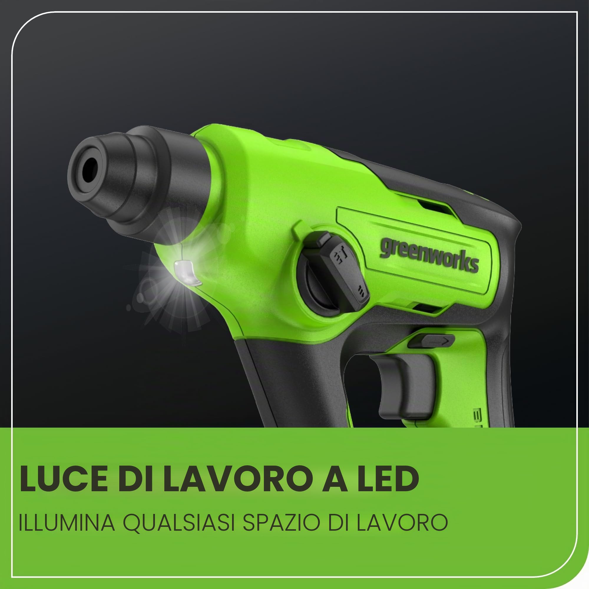 Greenworks Martello Tassellatore a Batteria 1.2J, Martello Perforatore SDS Plus, 24V Brushless, 2 Funzioni, Velocità regolabile, LED, Batterie al Litio 2Ah