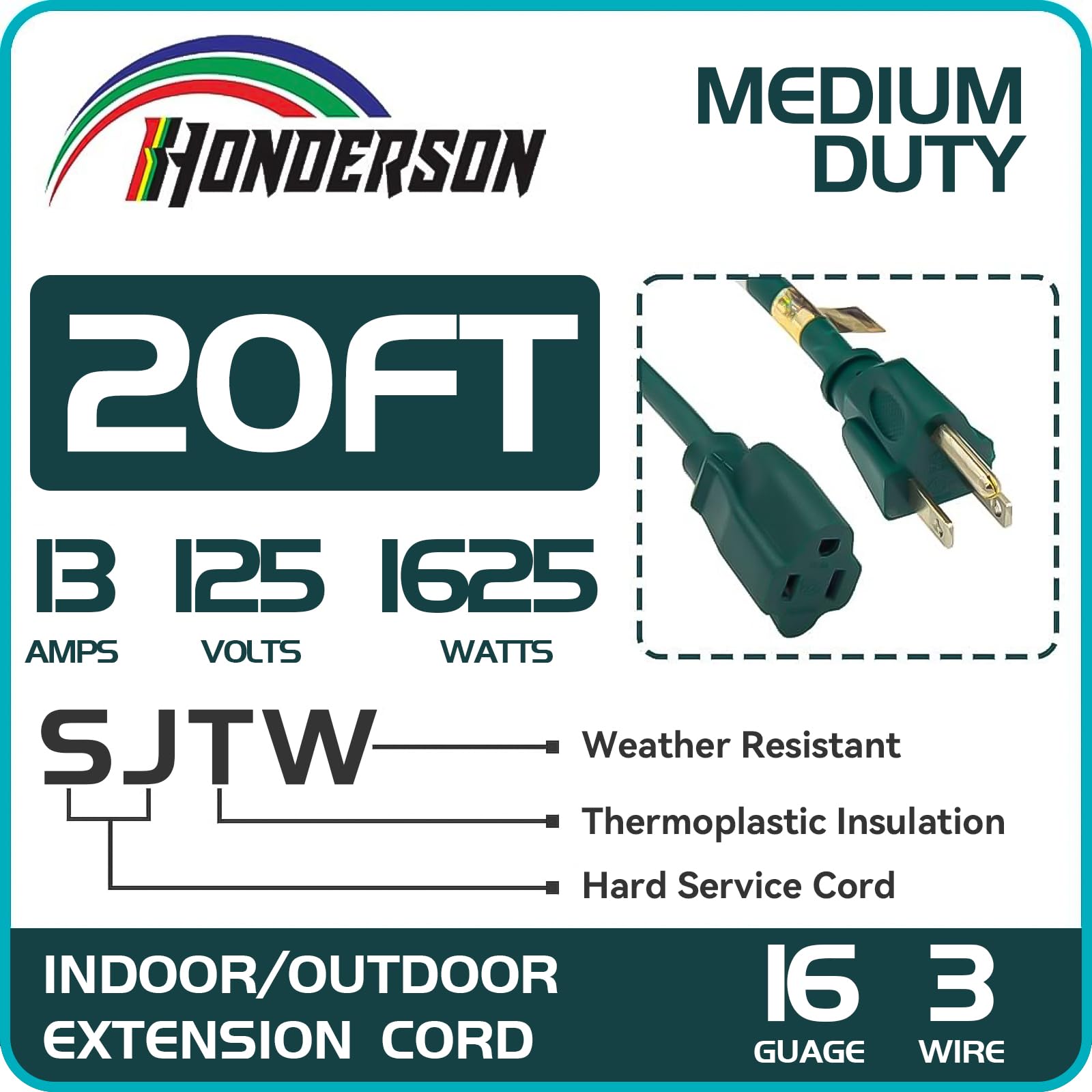 SJTW 20FT Outdoor Extension Cord-16/3 Durable Green Extension Cable with 3 Prong Grounded Plug for Safety, Great for Outside Christmas Decorations