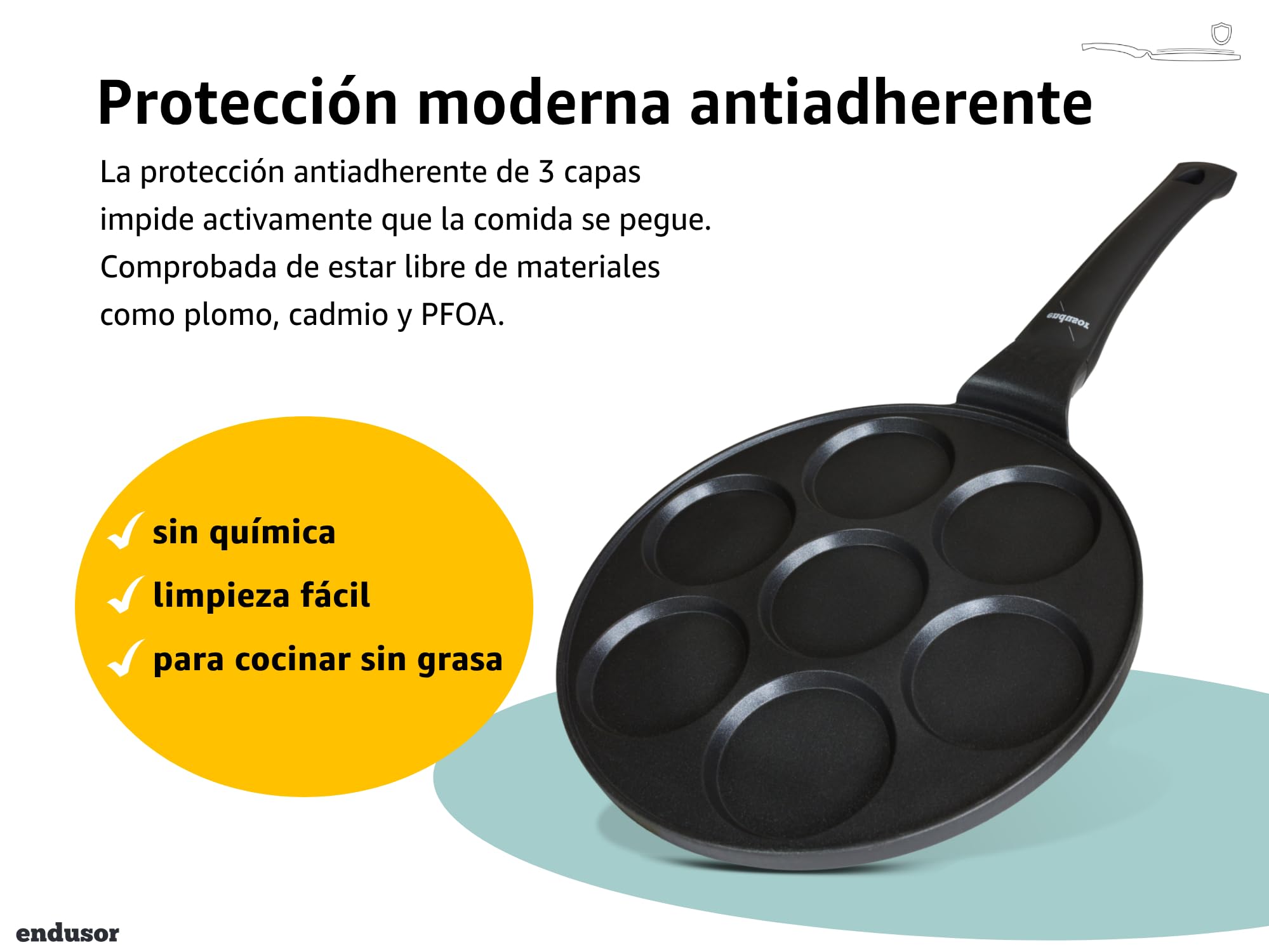 endusor sartén tortitas y pancakes | Sarten de 26cm de diametro con 7 hoyos y protección antiadherente | Todo Tipo de Cocinas e Inducción | Sartén divida para huevos fritos panqueques trotillas
