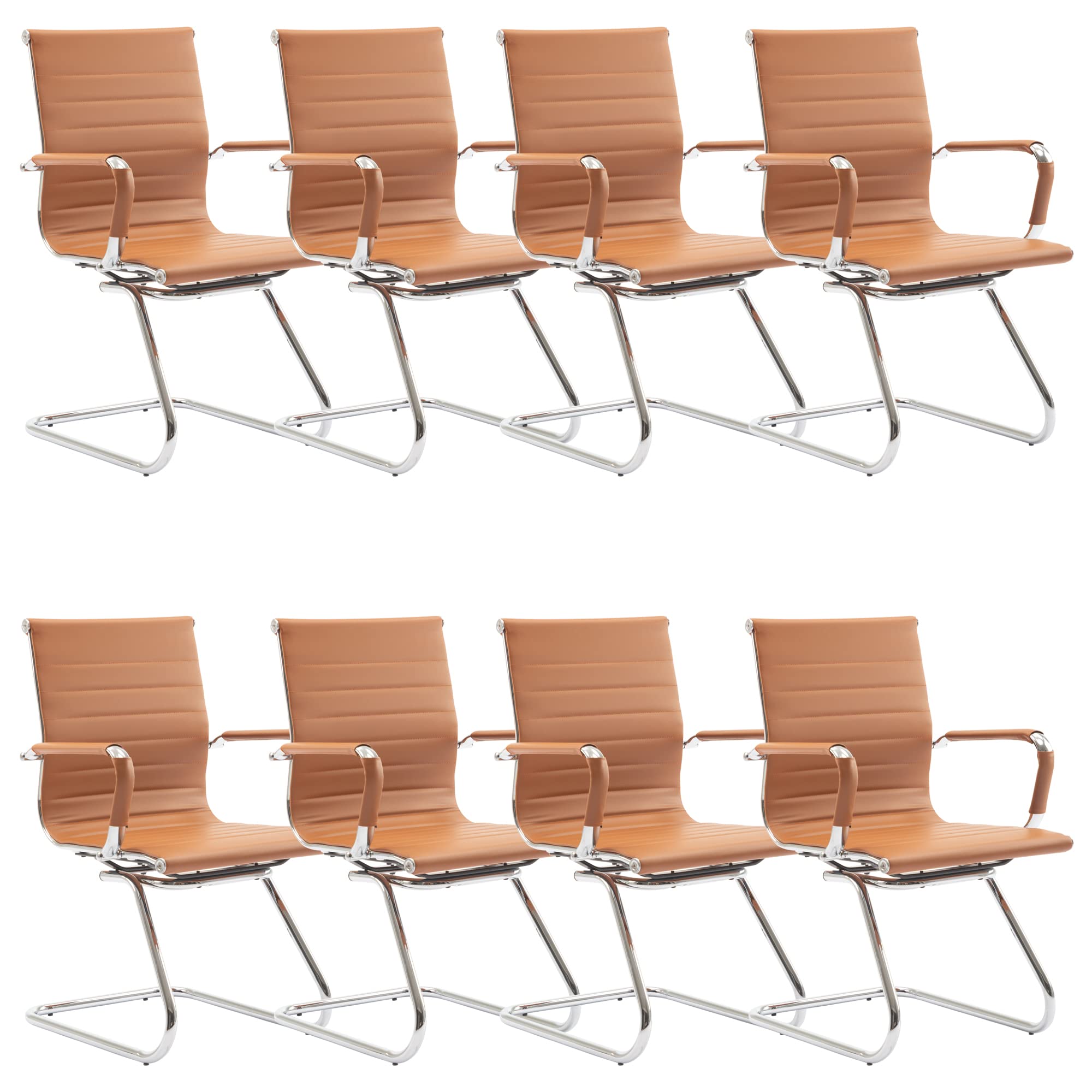 Office Desk Chair Set of 8,No Wheels PU Leather Computer Chairs Mid Back Guest Chairs with Seld Base for School/Reception/Conference/Waiting Room,Terracotta