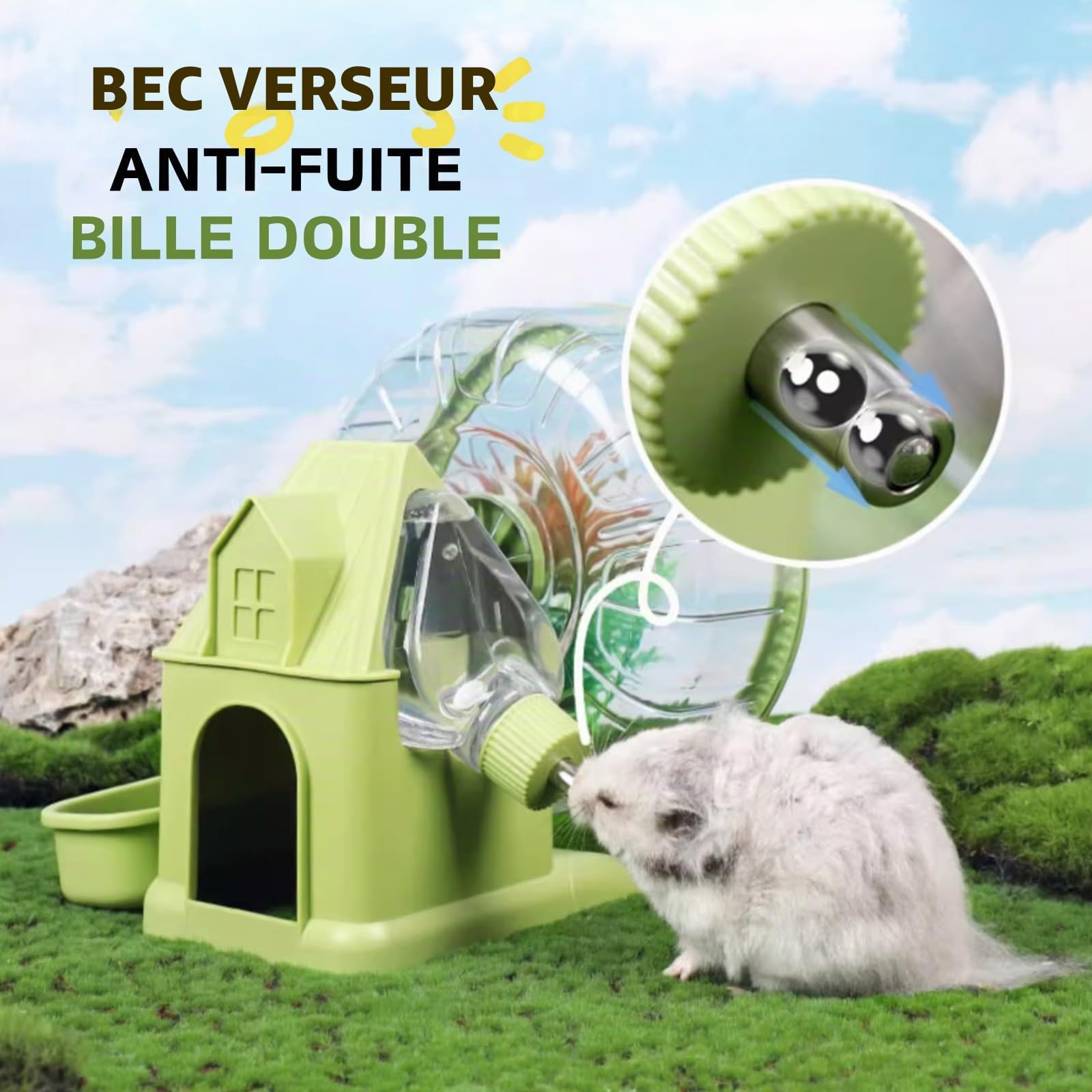 Roue 4 en 1 pour Hamster, Maison de Hamster avec Roue de Course, Bol à Nourriture, Bouteille d'eau et Cachette, Jouets de Course et d'exercice pour Petits Animaux (Vert, 19.5cm)