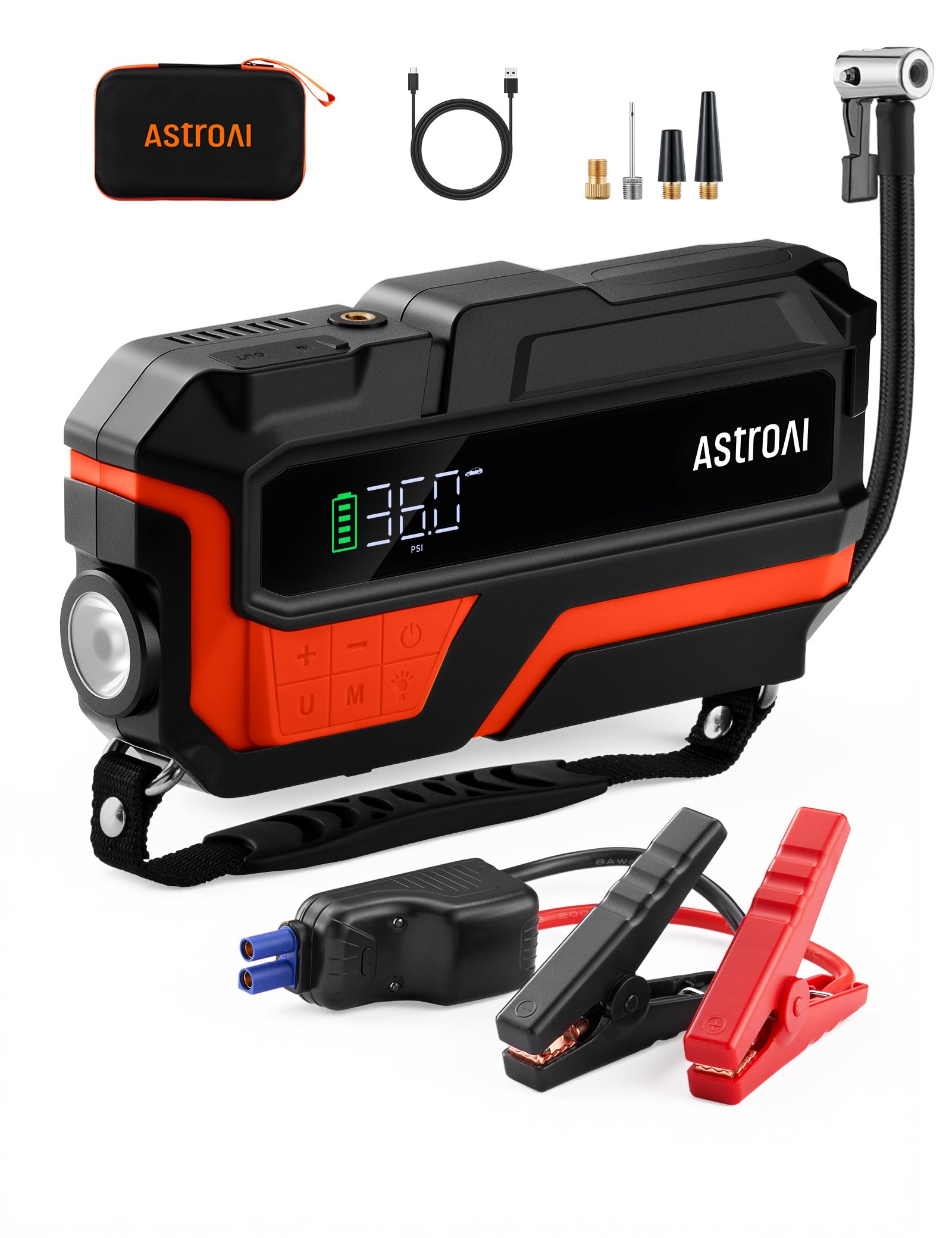 AstroAI MF16 Tragbare Starthilfe Powerbank mit 150PSI Kompressor, 6-in-1 6000A Starthilfegerät für 10L Benzin/8L Diesel, Motorräder, SUVs, mit LED-Display, Vollständiges Zubehör-Set, Rot
