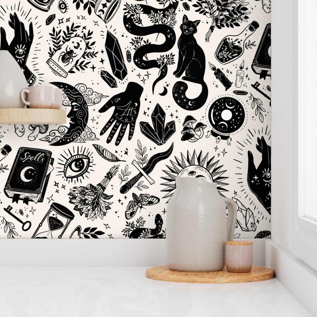 Spoonflower Peel & Stick Wallpaper 3ft x 2ft - Black White Goth Gothic Magic Halloween Witch Monochrome Custom Removable Wallpaper