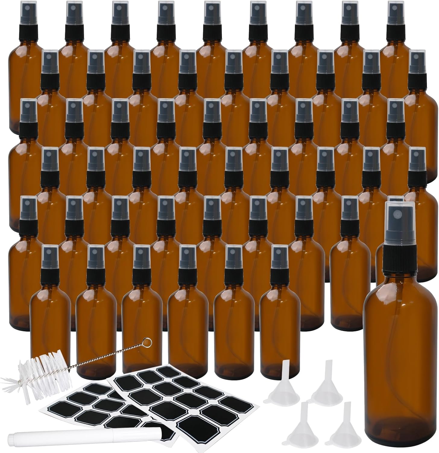 52 Pcs 4 Oz Amber Glass Spray Bottles with Funnel, Brush & Labels Set Small Spray Bottle for Travel, Oil Spray & Mist