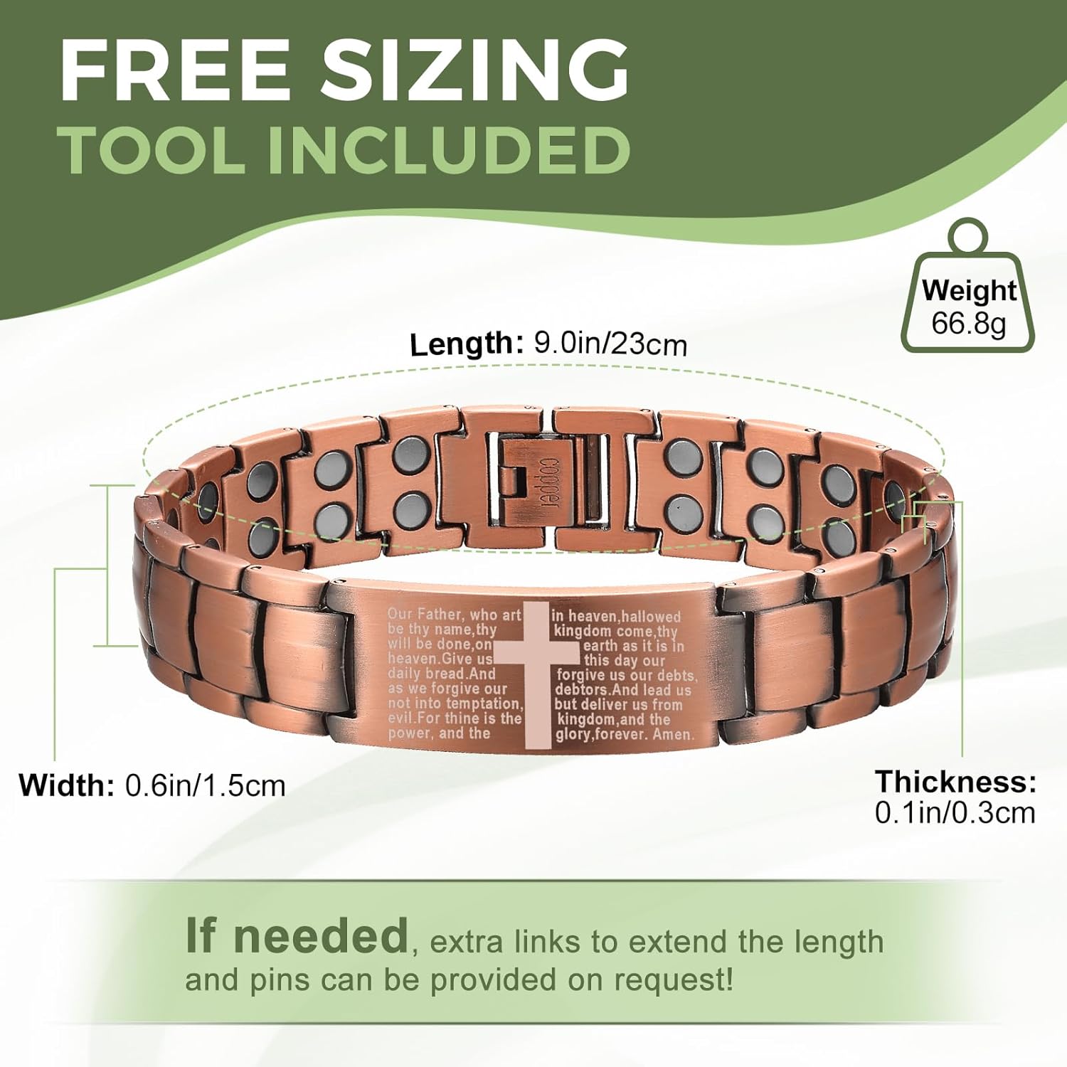MagEnergy Copper Bracelet for Men, Cross Copper Magnetic Bracelet with Ultra Strength Magnets, Adjustable Link Jewelry Box Gift (Sizing Tool) - Image 3