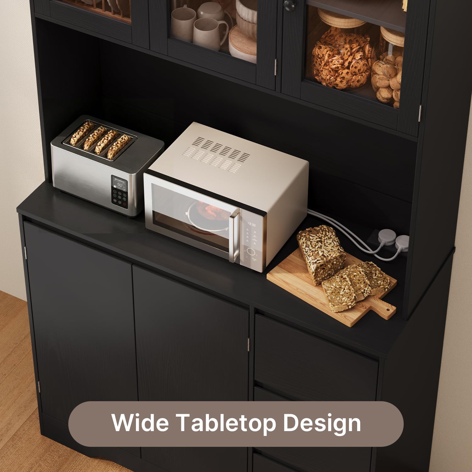 Xbro Armoire Cuisine, Buffet Haute avec Éclairage LED et Prise, Buffet avec 5 Portes, 3 Tiroirs et Portes en Verre,Meuble de Rangement avec Dispositif Anti-Basculement, 100 x 40 x 180 cm, Noir