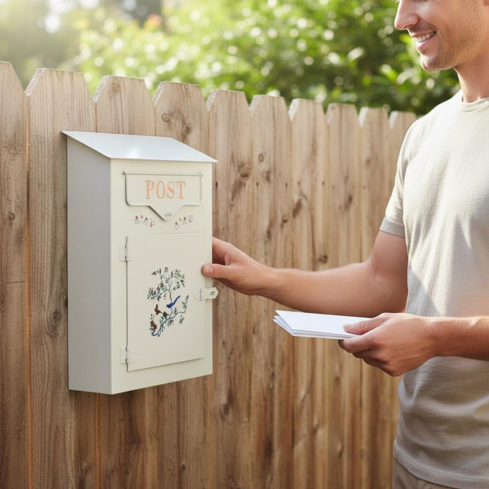Qianly Cassetta Delle Lettere Cassetta Postale Scatola Postale in Metallo Stile Rustico con Rilievi Uccello E Fiori per Lettere E Piccole Buste Adatta a