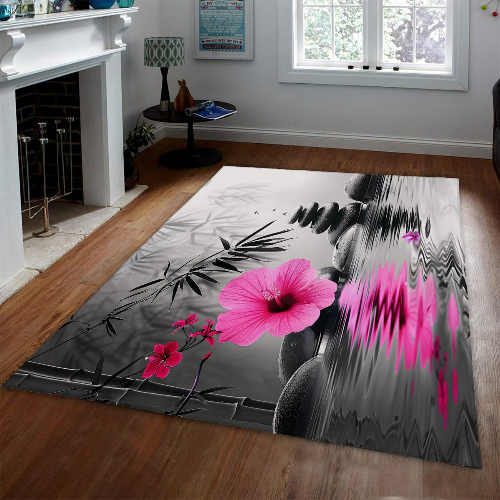 Czerwone kwiaty dywanik czarny kamień zen dywan wewnątrz mata podłogowa cienkie dywany do salonu sypialni spa wanna dywanik antypoślizgowy spód 150 x 240 cm