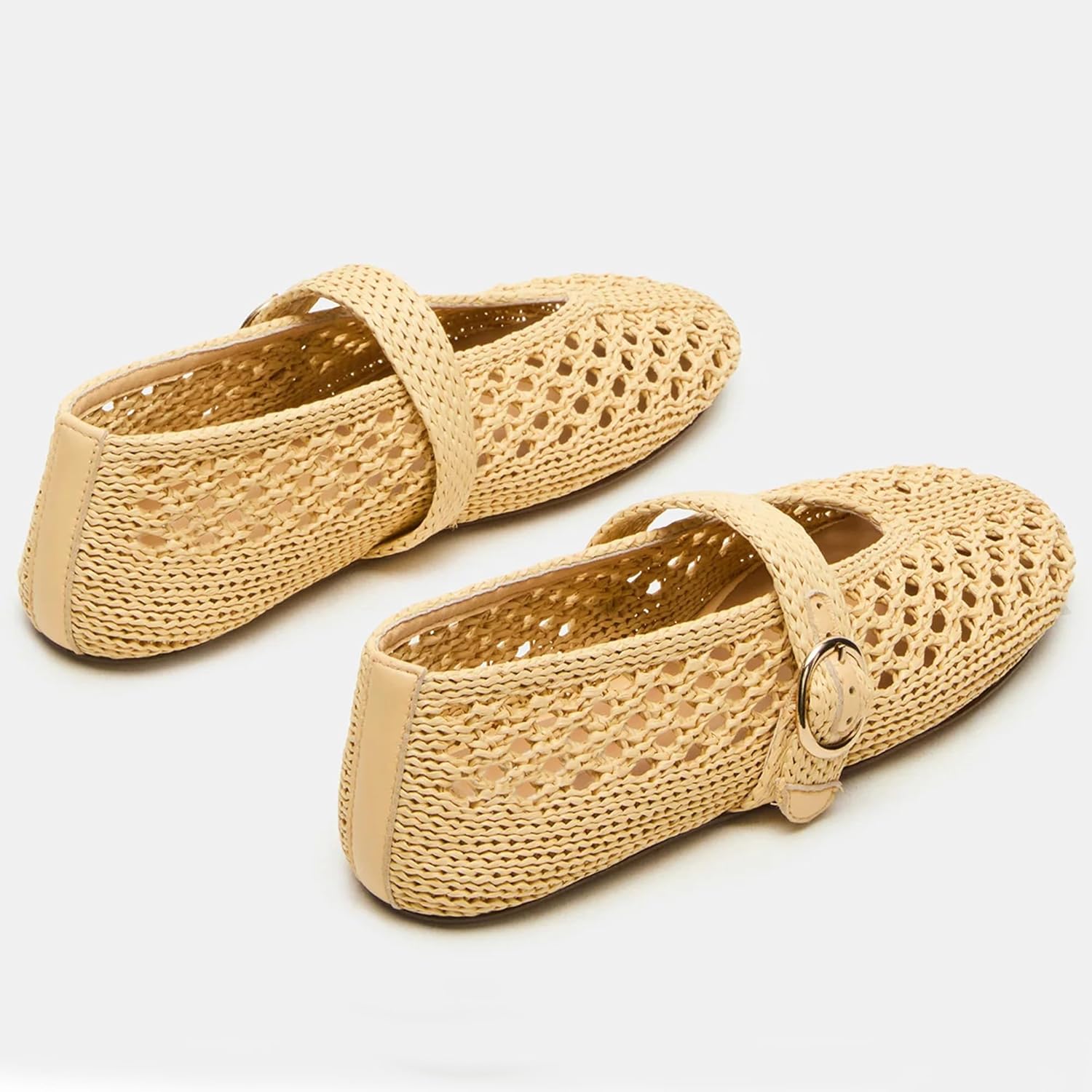 Woven Mesh Ballet Flats for Women with Metal Buckle Strap Mesh Raffia Flats Round Toe Mary Janes Comfortable Ballerina Flat Shoes.