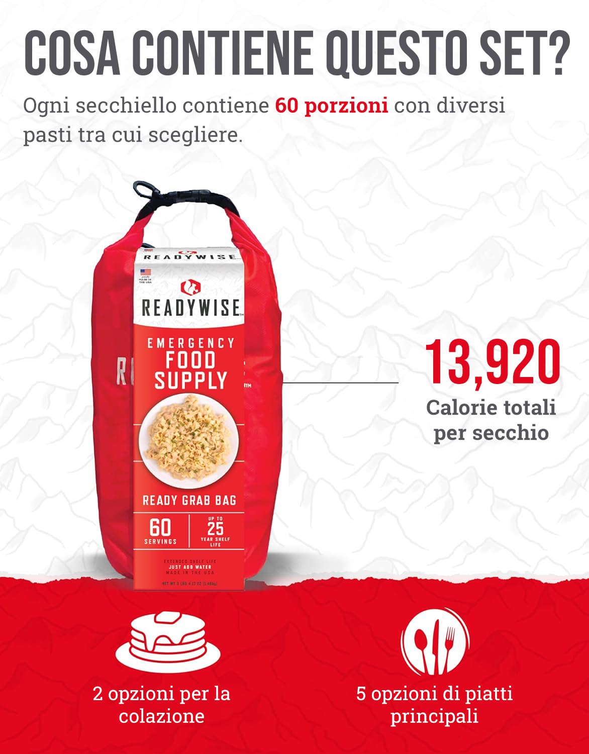 ReadyWise, 60 porzioni, colazione, pranzo e cena, borsa asciutta Grab & Go, liofilizzato, fino a 25 anni di conservazione, cibo d’emergenza