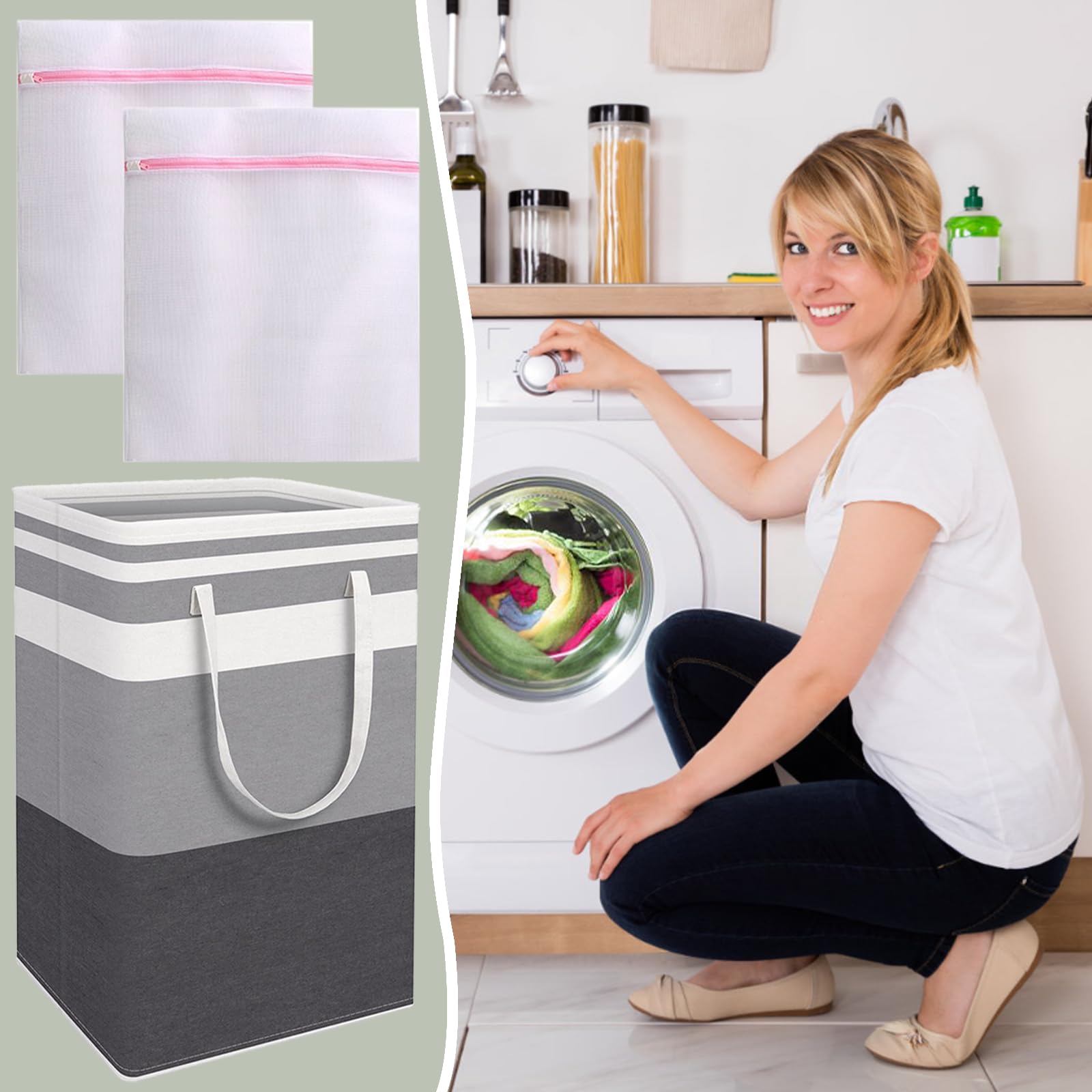 75L Cesta Plegable para Ropa Sucia, 2 Bolsas Lavadora, Impermeable de Tela, Gran Capacidad, Ideal para Lavadero y Almacenamiento