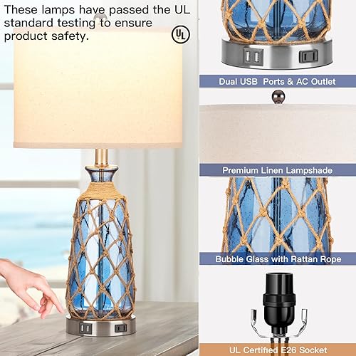 Miniatura 7 de Lámparas de mesa de cristal costero, lámparas de noche regulables de 3 vías con control táctil con 2 puertos USB y salida de CA, lámparas náuticas