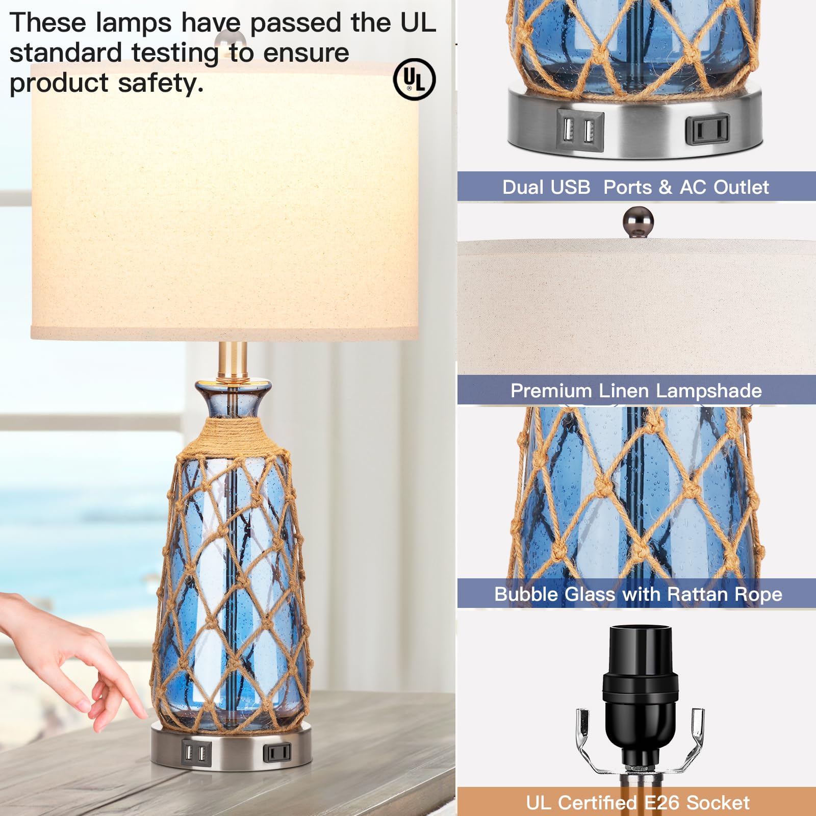 Ruzectt Coastal Glass Tischlampen, 3-Wege-Dimmbare Touch-Steuerung, Nachttischlampen mit 2 USB-Anschlüssen und AC-Steckdose, Blaue nautische Nachttischlampen für Schlafzimmer Wohnzimmer