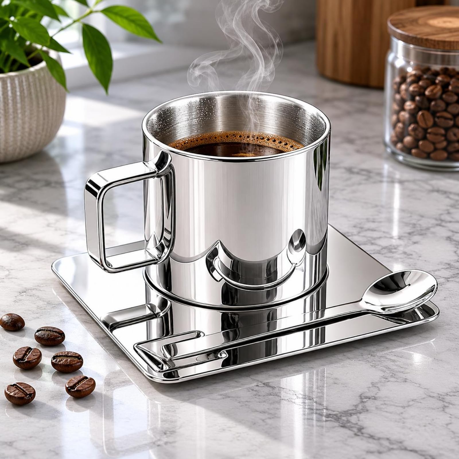 Amazon | Besga コーヒーカップ 鏡面 ステンレス ソーサー