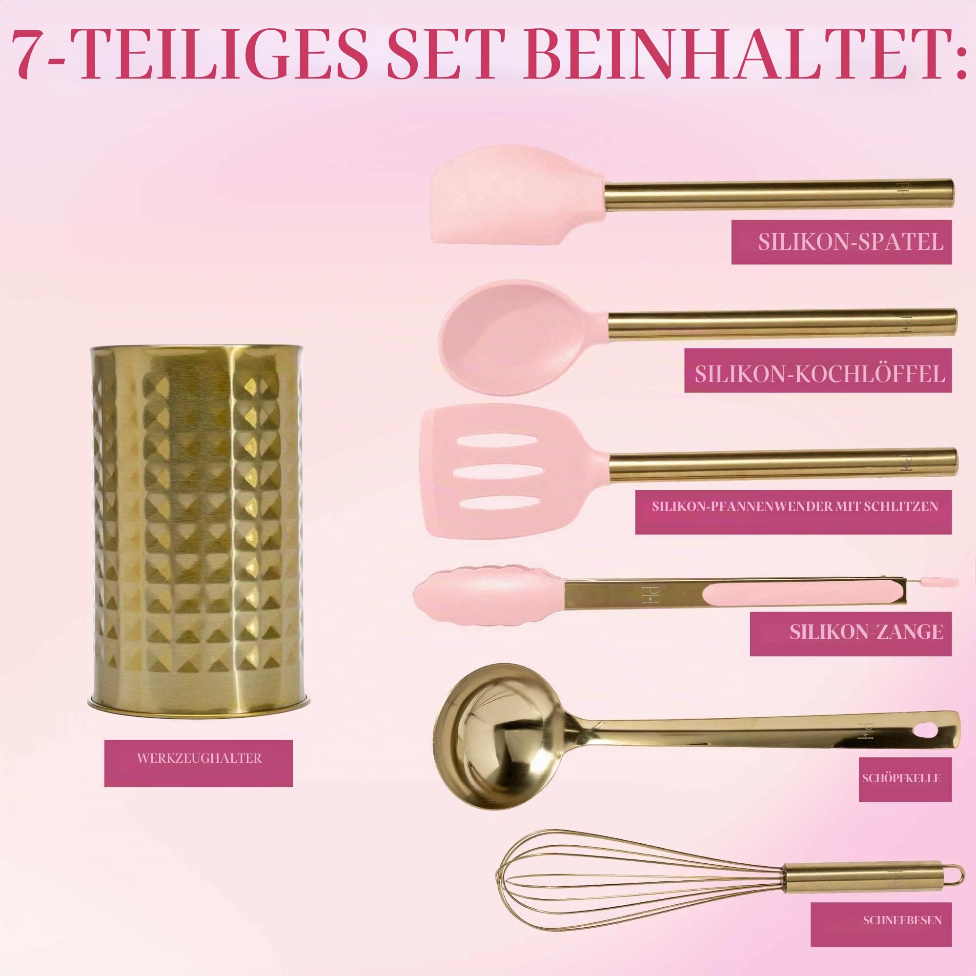 Paris Hilton Küchenset, Werkzeugtopf mit Silikon-Kochutensilien, Schneebesen und Schöpfkelle, 7-teilig, Rosa und Gold