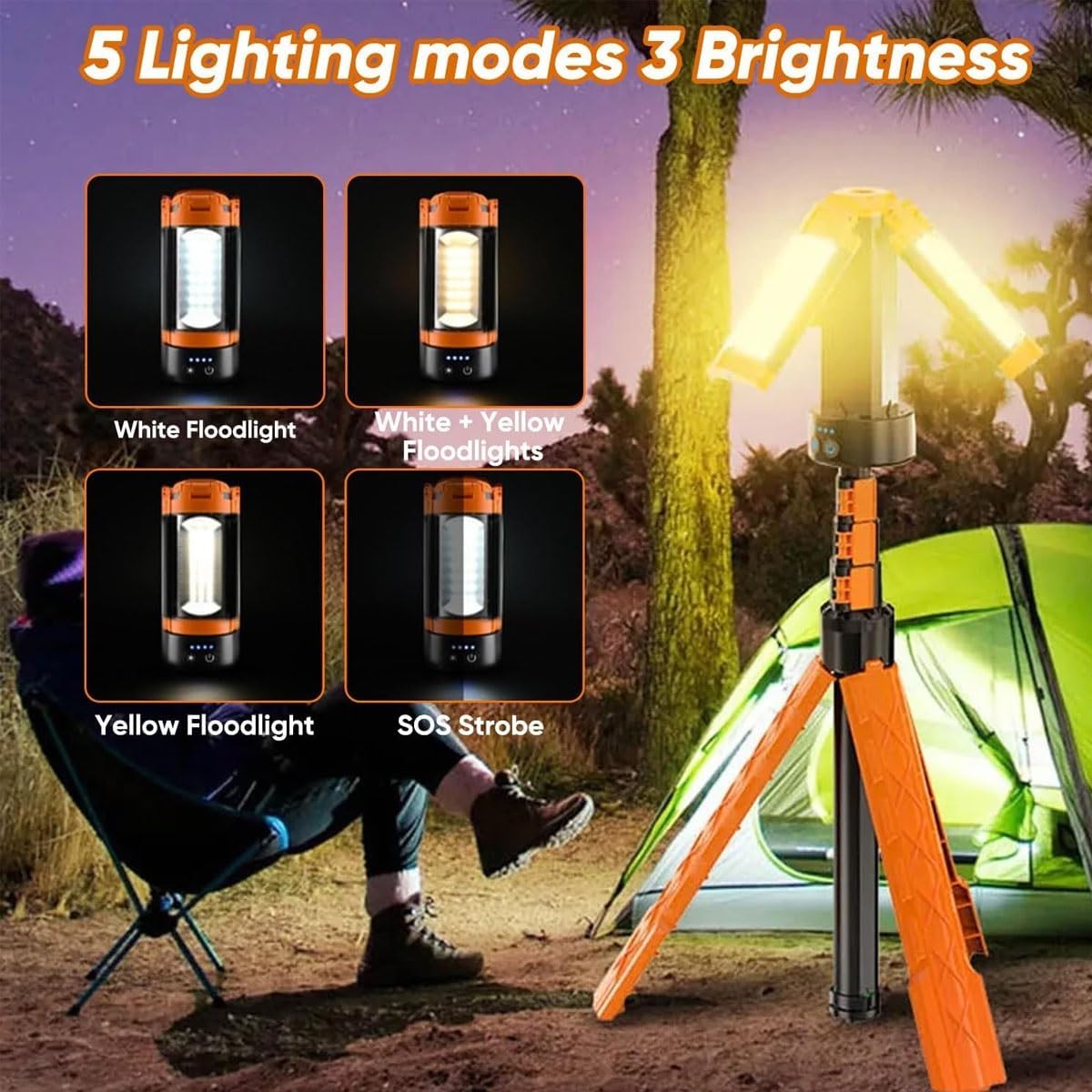 Rechargeable 10000mAh Camping Light with Telescopic Stand, Tent Light for Hiking, Fishing