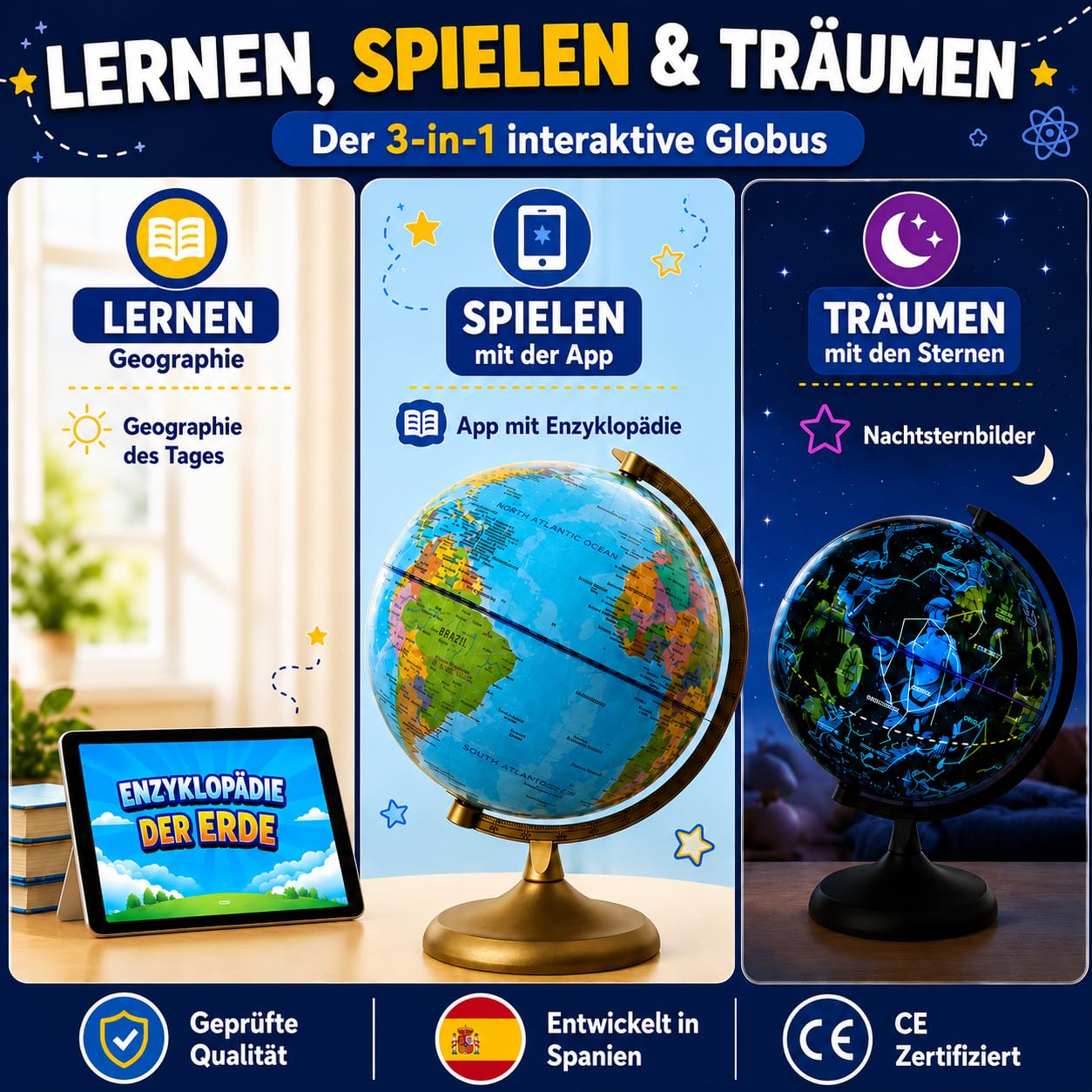 BIG MINDS - Globus Kinder Auf Englisch | Kinder Globus | Kinderglobus Beleuchtet Mit LED-Licht | Kinderglobus Mit Nachtmodus & Tag-modus | Interaktiver Globus Inklusive App