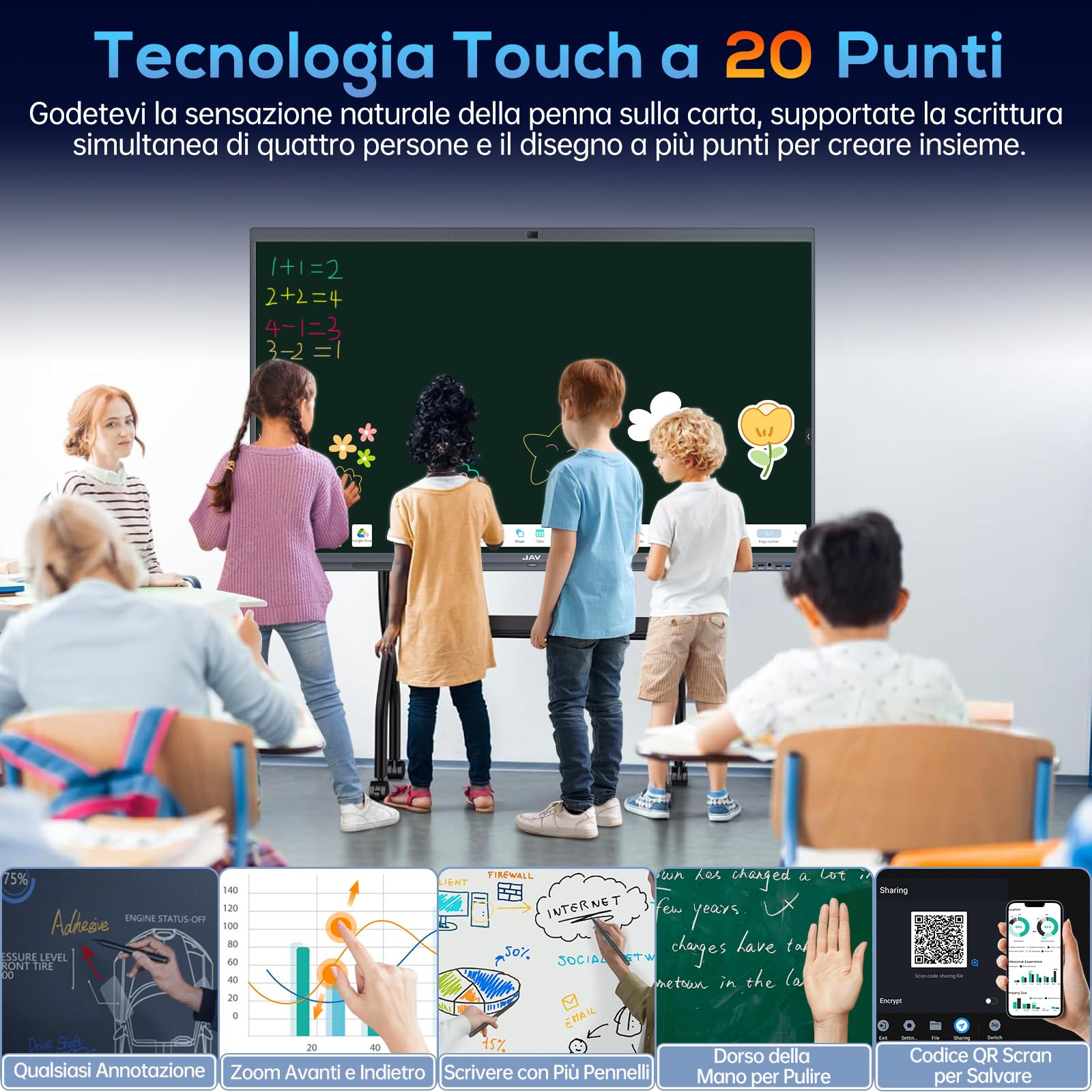 JAV Smart Board 55 Pollici Android 14 Certificazione Google EDLA | 4K UHD Touchscreen 8+128GB Telecamera AI 48MP Integrata Doppio Sistema Lavagna Interattiva Digitale per Ufficio Aula