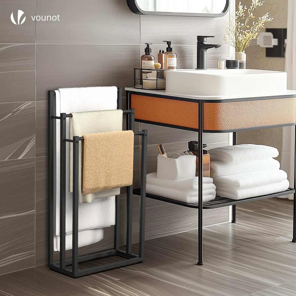 KB Designs Portasciugamani A 2 Ripiani Autoportante In Metallo Per Bagno - Organizer Salvaspazio, Colore Nero, Dimensioni 45,7 X 27,3 X 35,5 Cm