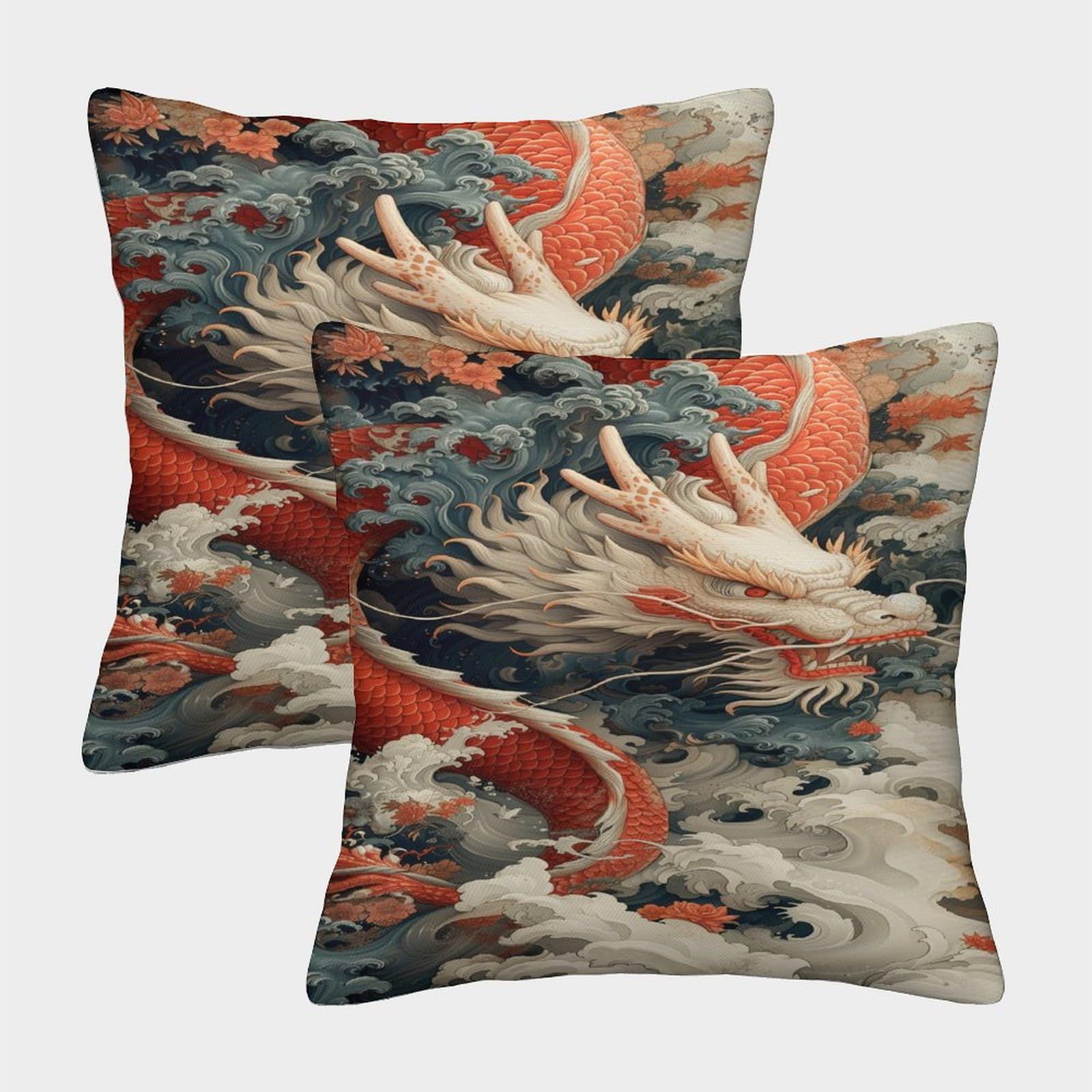 Japanese Dragon Cushion Cover 2 Pack Decorative Machine Washable Pillowcases Square Pillow Cases with Invisible Zipper Cushion Covers for Sofa Car Bed Outdoor Decor Throw Pillow Cases 45x45cm — image 1