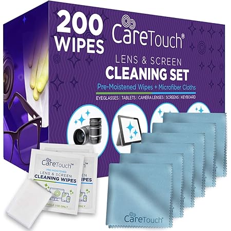 Care Touch Lens Cleaning Wipes with Microfiber Cloths - 200 Lens Cleaning Wipes and 6 Microfiber Cloths - Excellent for Glasses, Laptops, Computer Screens, and Phones