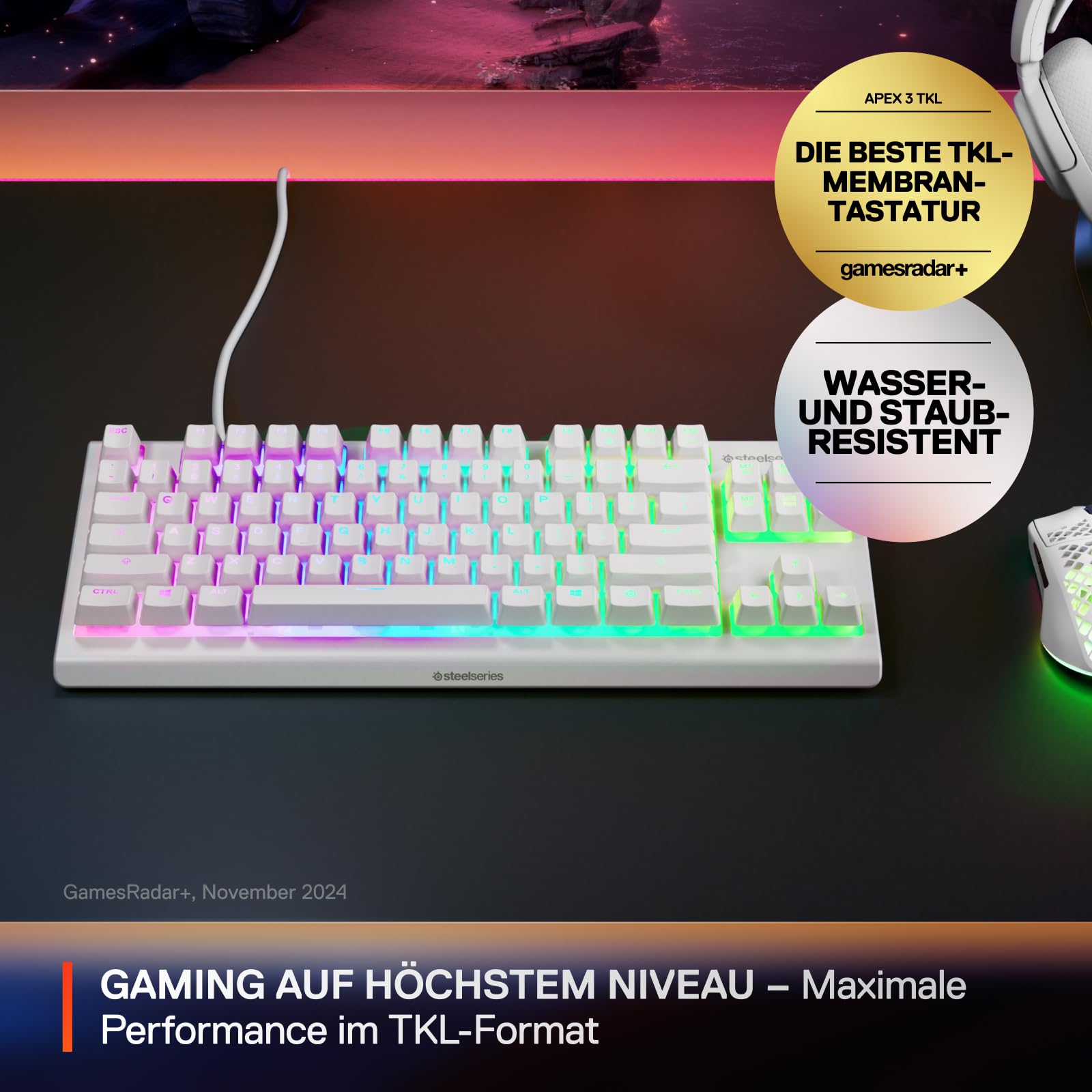 SteelSeries Apex 3 TKL White RGB Gaming-Tastatur – Kompakter Tenkeyless-Formfaktor – 8-Zonen-RGB-Beleuchtung – Wasser- und Staubresistenz – Flüsterleise Gaming-Switches - DE Layout QWERTZ – Bild 2