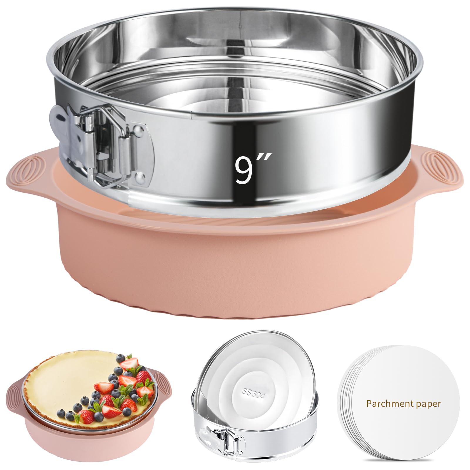 OYAOL 9 Inch Springform Pan - Nonstick Leakproof 304 Stainless Steel Springform Cake Pan with Removable Bottom, Silicone Cheesecake Pan Protector with Parchment Paper
