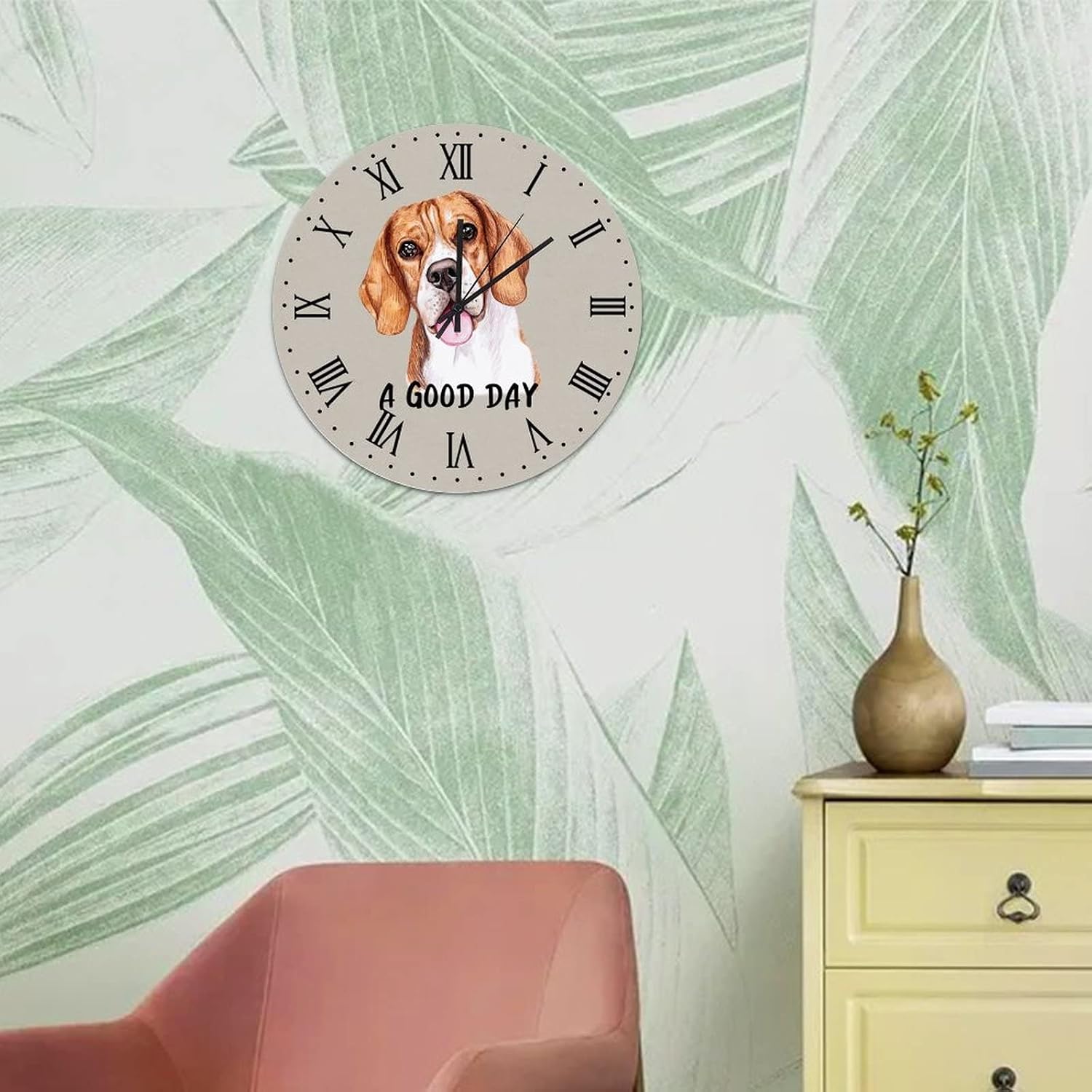 Hanging Clock 12in Dog Beagle A Good Day Wooden Clock Funny Pet Animal Marine Style Battery Operated Whisper Quiet Mid Century Theme Art for Mantel Sewing Room Residence Travel Trailer