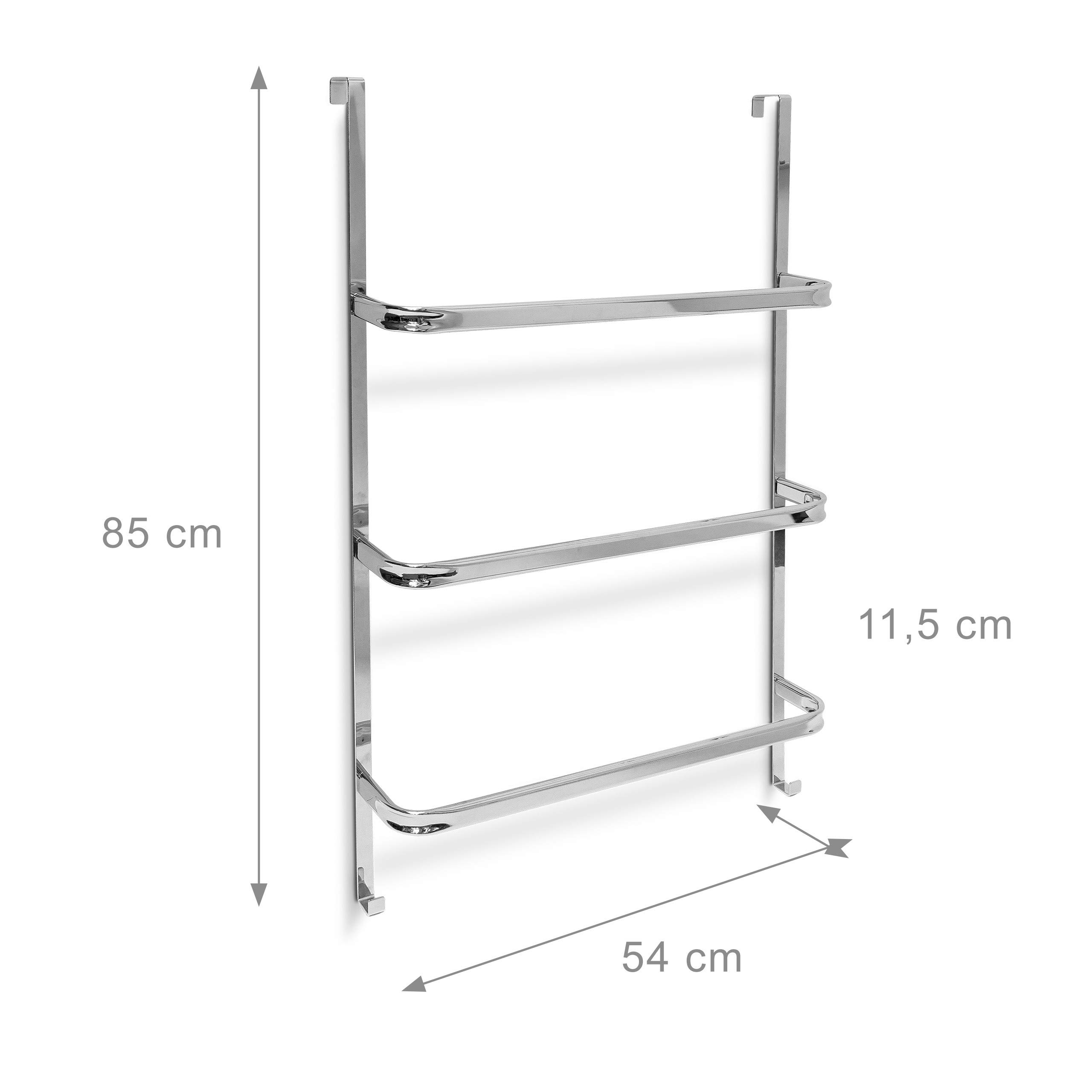Relaxdays Toallero Puerta, 3 Barras, 85x54x11,5 cm, Colgador Toallas, sin Taladrar, 2 Ganchos, Baño y Cocina, Plateado