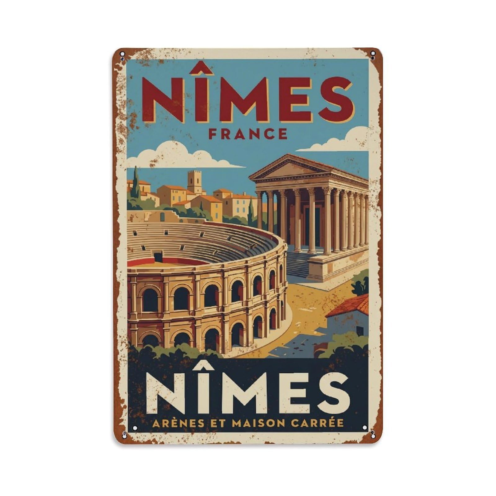 Cmhok Vintage Style Vintage Travel Nimes France Metal Tin Sign Wall Decor For Cafe, Club, Garden Metal Poster 8X12inch