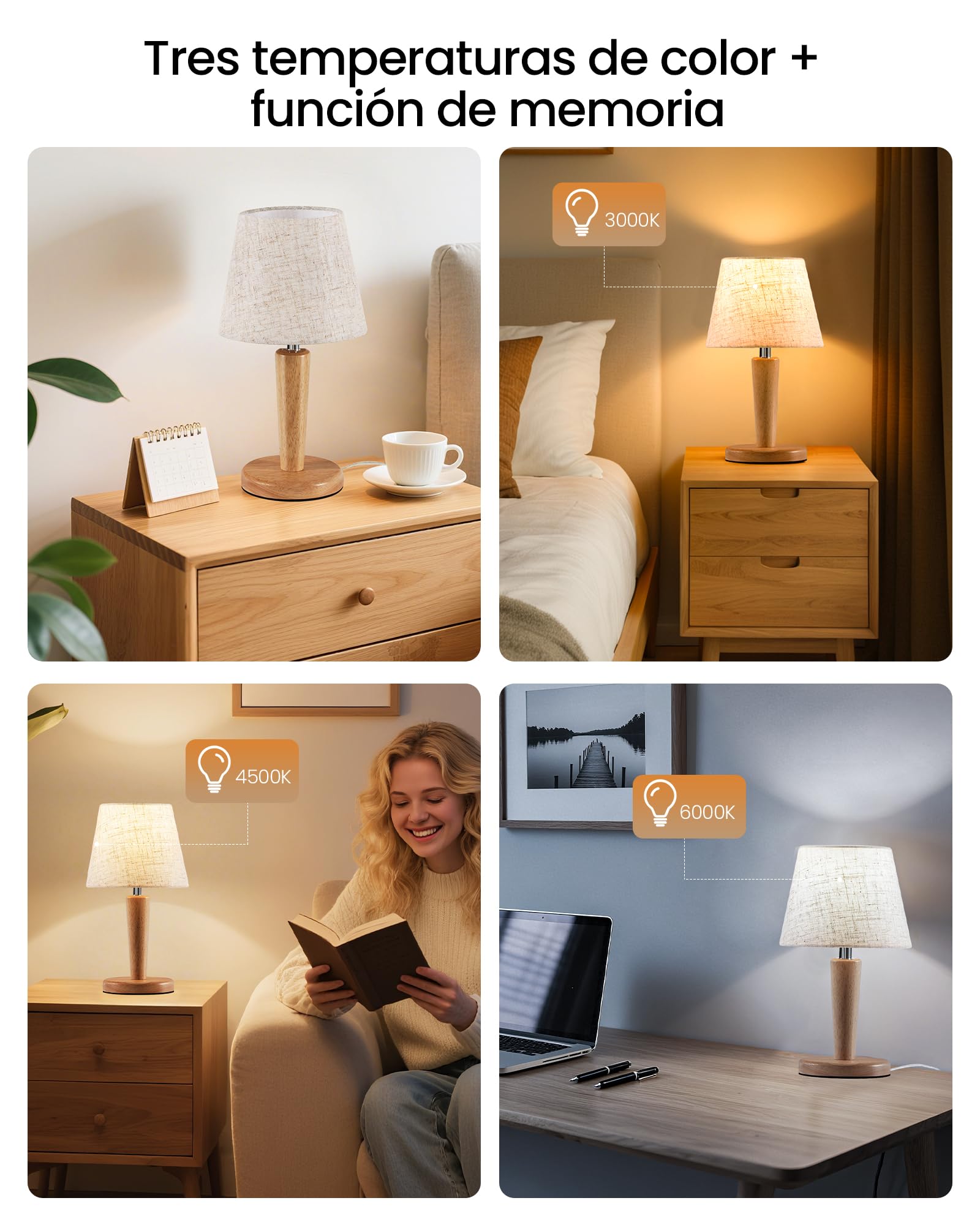 Juego de 2 Lámparas de Mesita de Noche de Madera, Beige