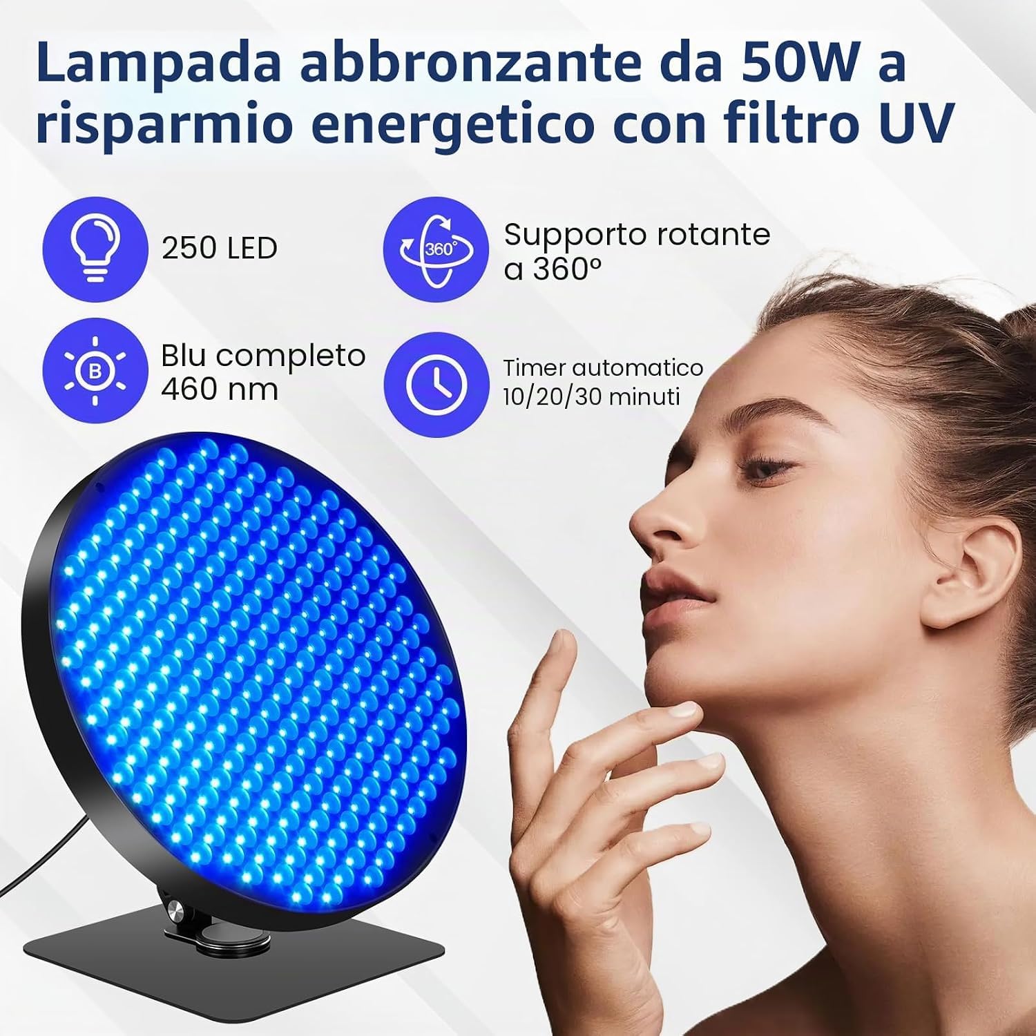 Lampada abbronzante a LED da 50 W, per casa, 460 NM, luce solare con 250 LED, regolabile a 360°, abbronzante con timer, colore: nero