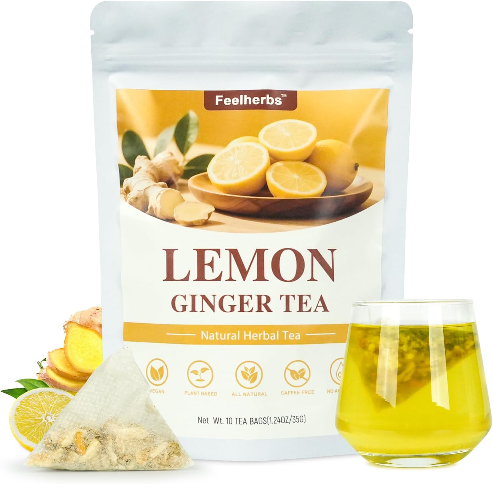Organic Lemon & Ginger Tea for Digestion, Caffeine Free Natural Wellness Detox Blend Herbal Tea for Warm & Soothing Stomach, 10 Naturally & Tangy Lemon Ginger Tea for Hot or Iced