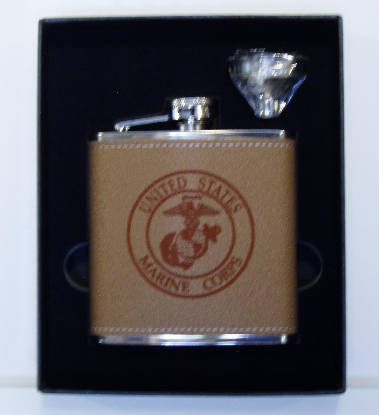 United States Marine Corps Leather Covered Stainless Steel 6 oz Flask with a Stainless Steel Funnel in a Black Presentation Box