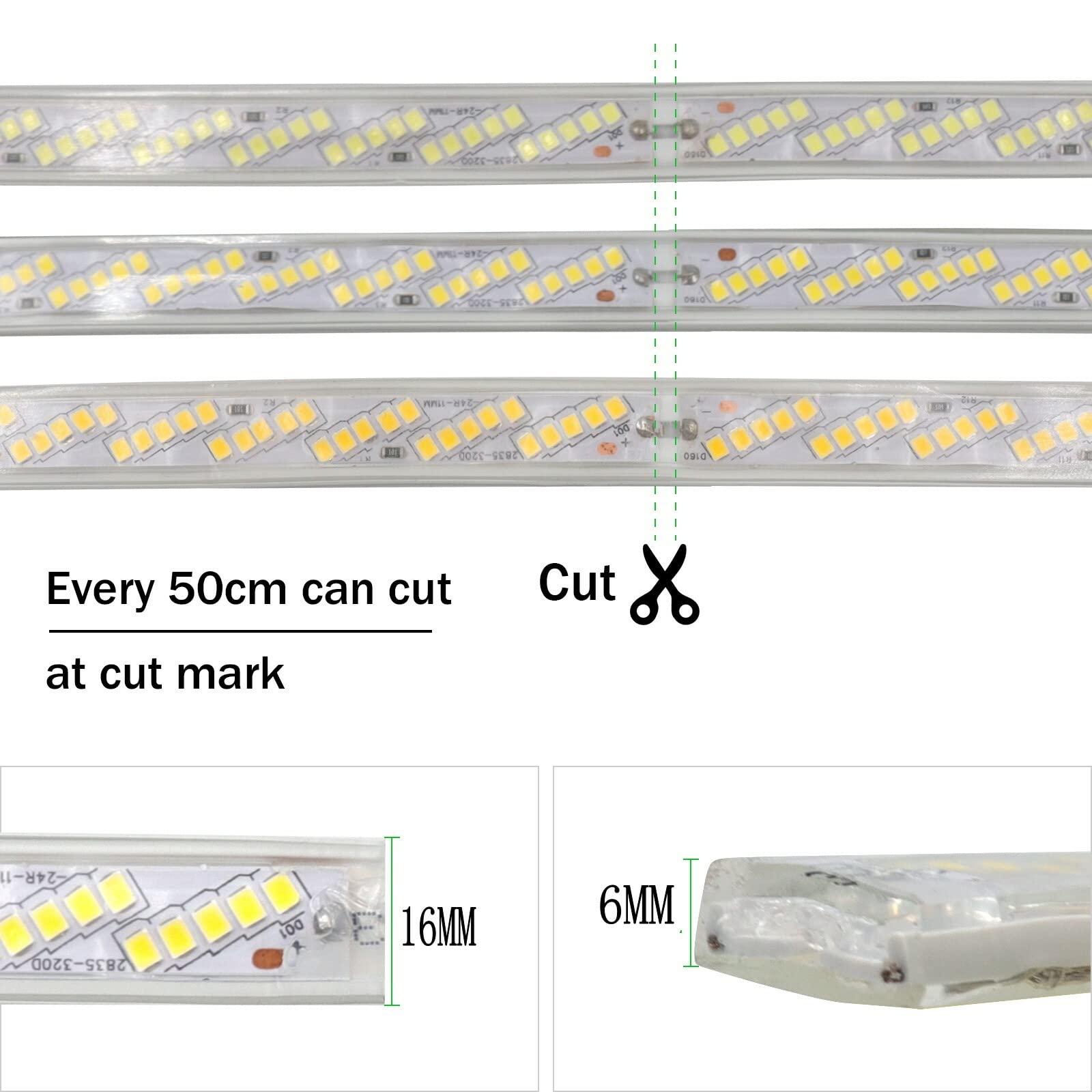 Tira LED recortable 220V CRI85+ [19M, Blanco cálido 3000-3500K], Tira LED flexible e impermeable IP65, SMD2835, ancho de FPCB: 12 mm, 320 LEDs/m, iluminación decorativa para hogar y tienda