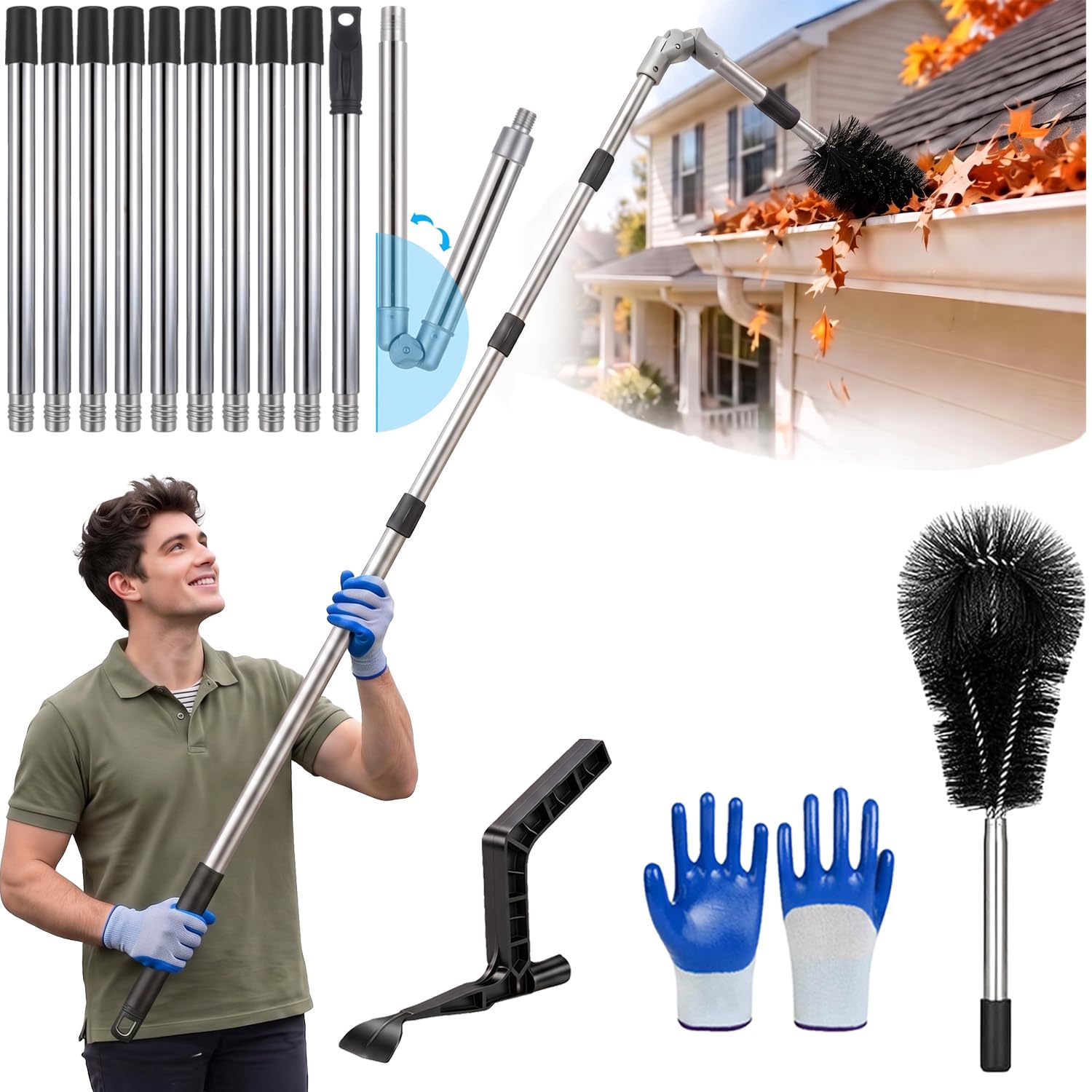 4M 13FT 25mm 2-in-1 Telescopic Gutter Cleaner Brush Scoop Kit for Roof
