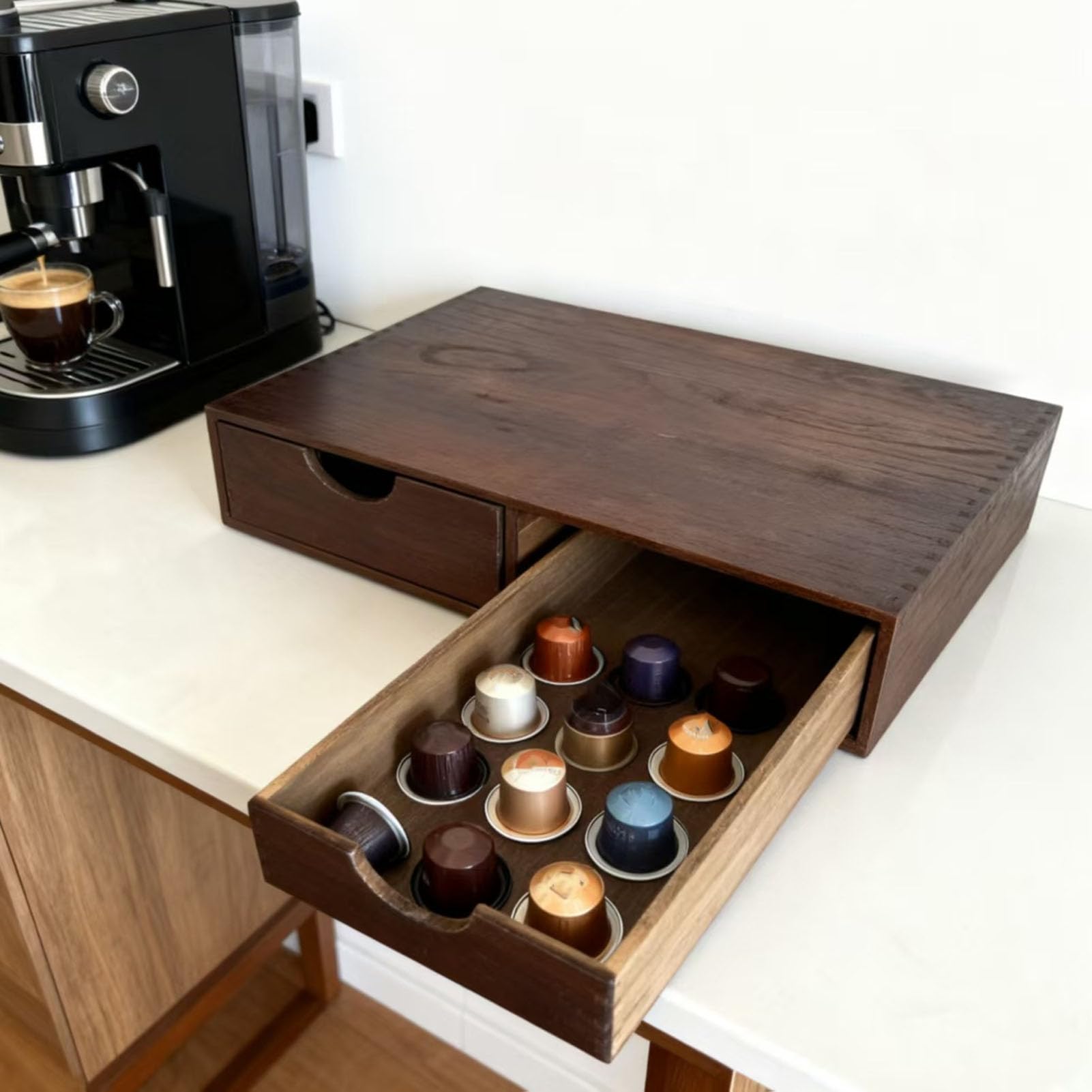 banapoy Cassetto per Capsule caffè, Porta Capsule caffè Legno, Organizer per Bustine tè, Supporto per Macchina con Cassetto per per Snack Caramelle tè per Piano Lavoro