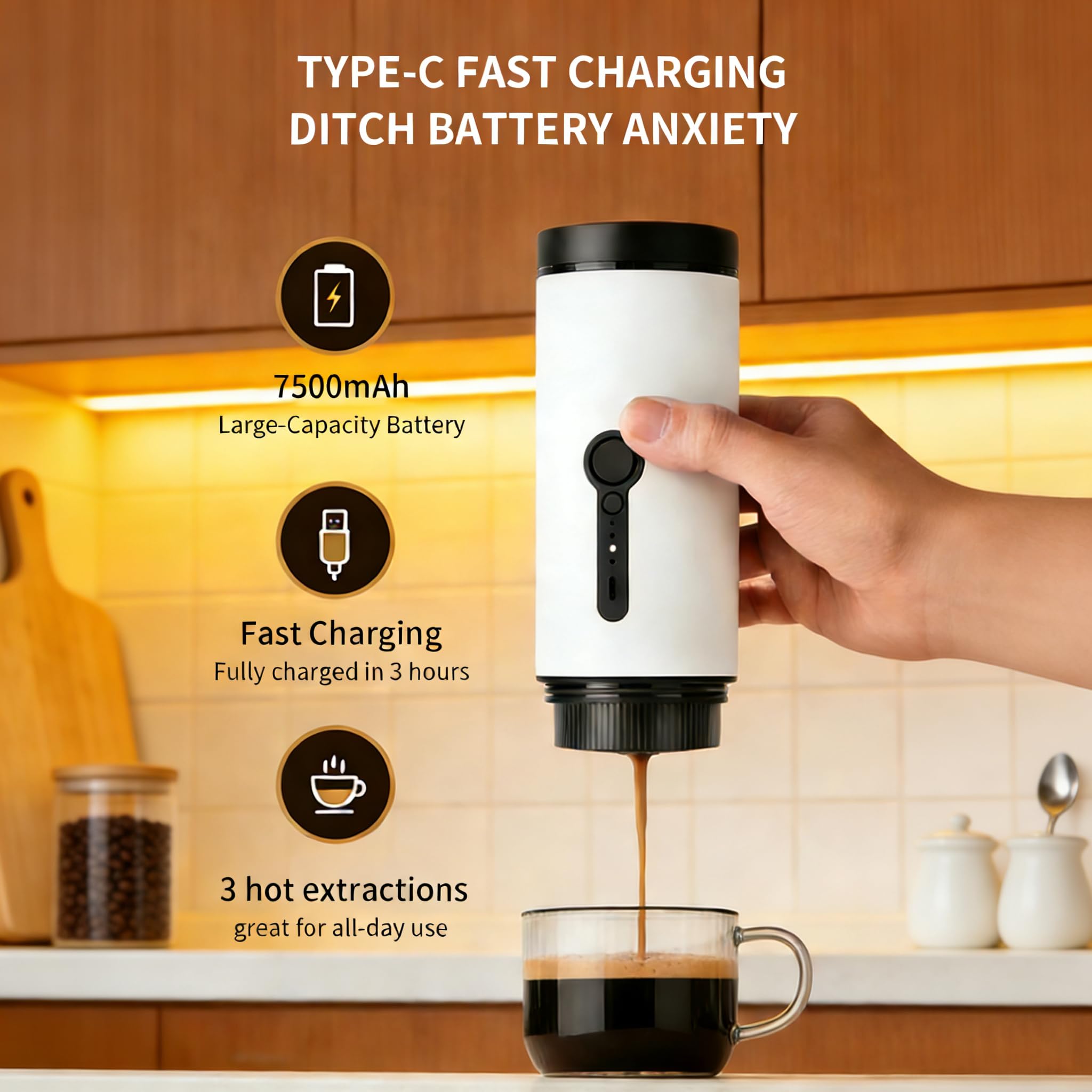 SANMAS Cafetera espresso portátil, cafetera de autocalentamiento recargable por USB-C, para viajes y camping, compatible con café molido y cápsulas, cafetera eléctrica compacta para coche, caravana