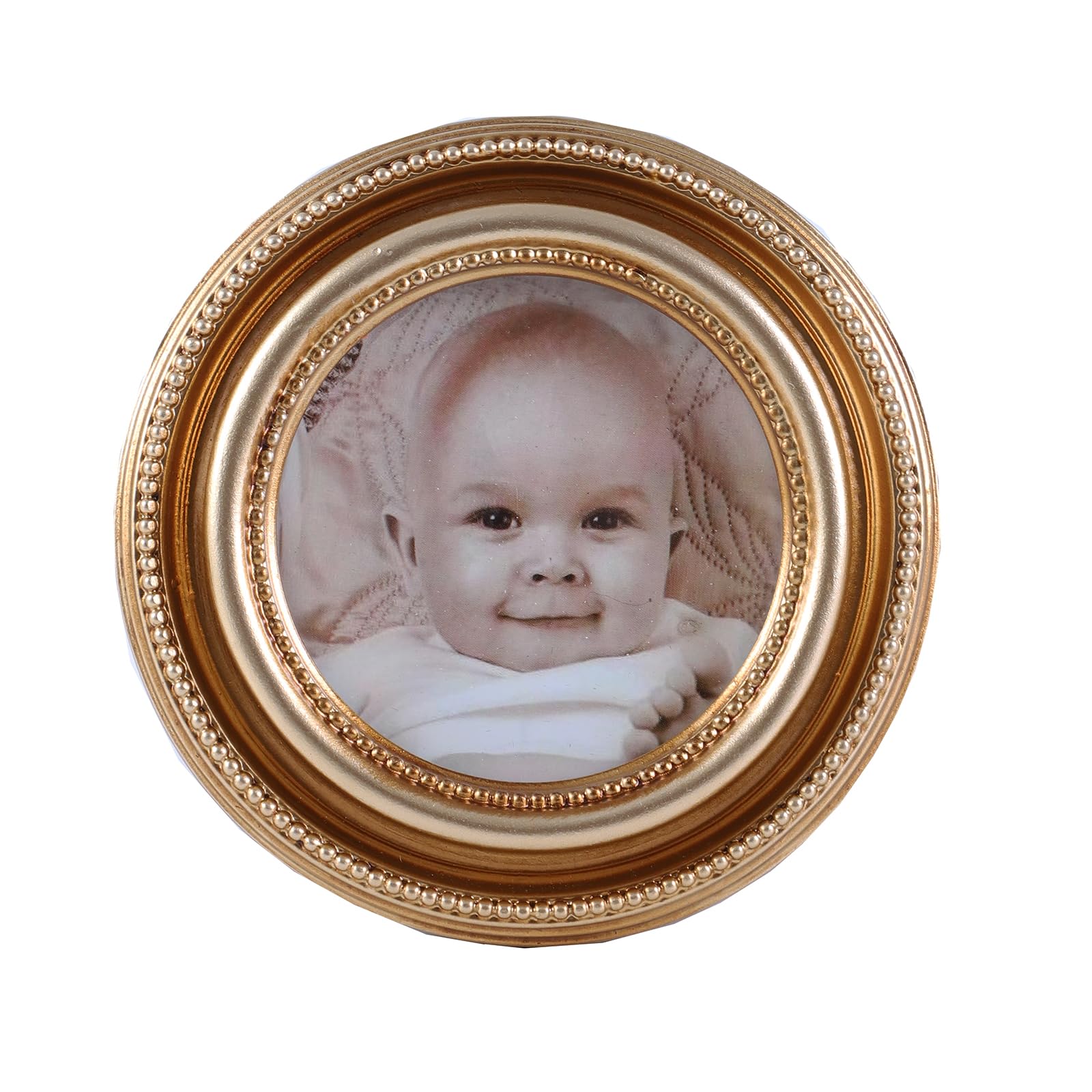 SIKOO Vintage 3x3 Round Picture Frames Small Antique Ornate Bead Picture Frame Sets Wall Mount and Tabletop Mini Vintage Wall Decor Bronze Gold