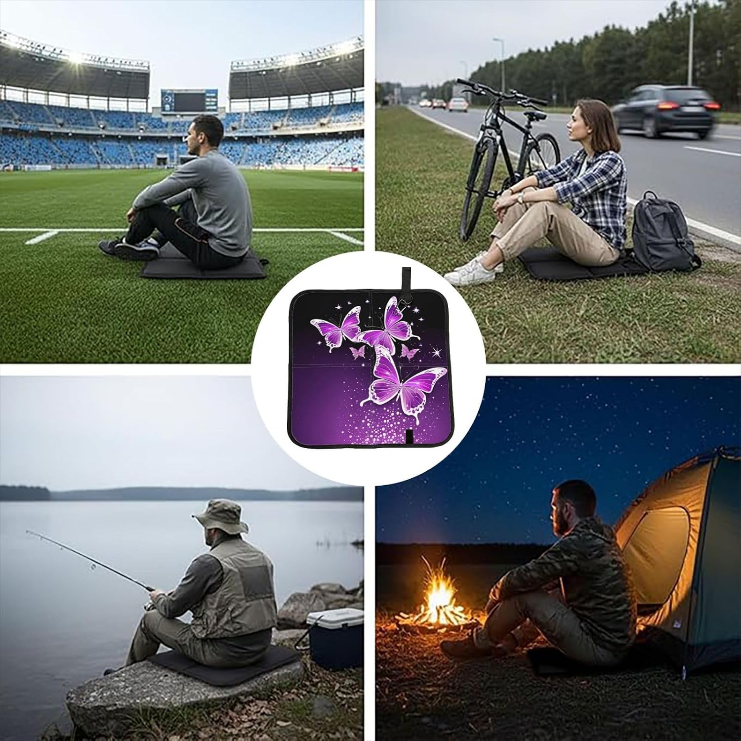 (Lovely Purple Butterfly) Sitting Pad Foldable Seat Cushion Lightweight Camping Seat Mat with Hook for Outdoor Hiking Picnic Camping
