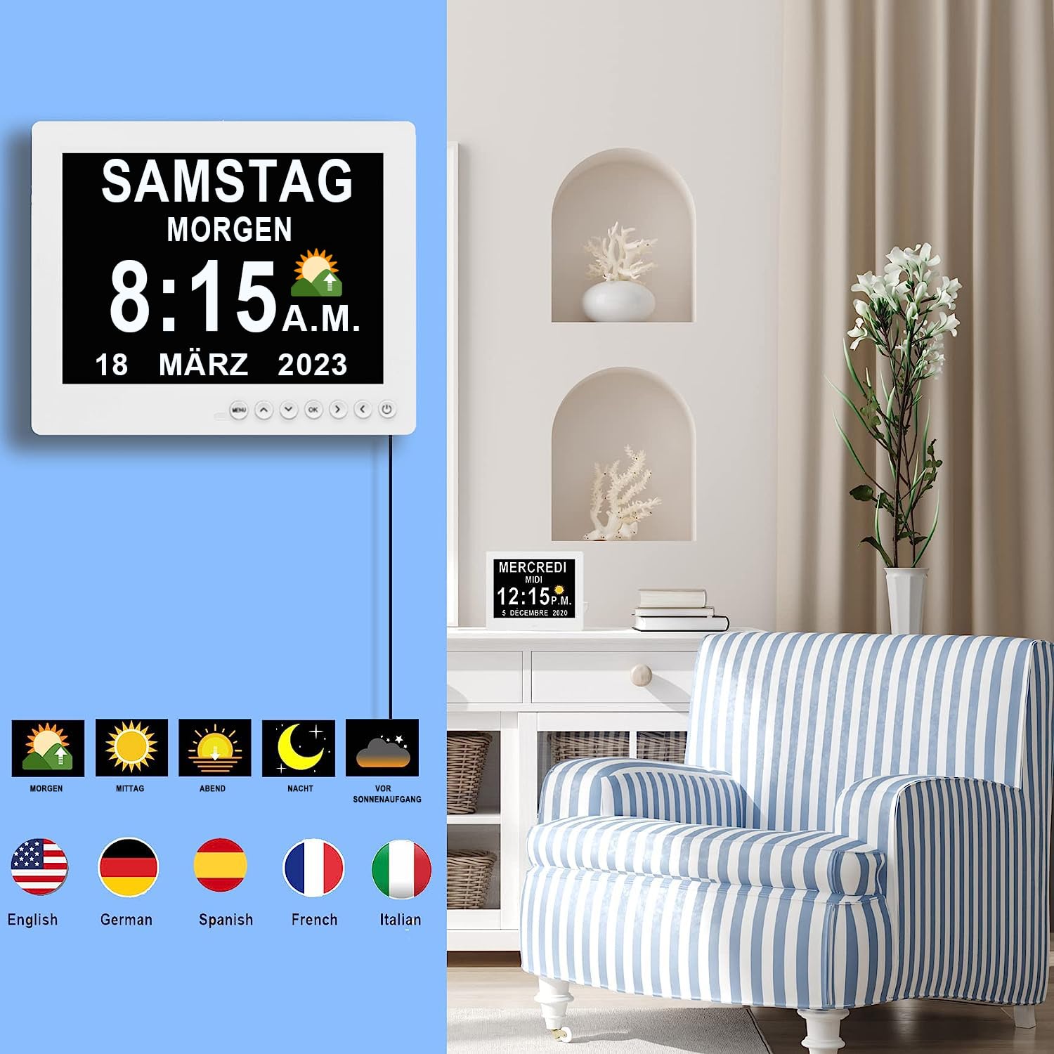Véfaîî 2024 New, 8 Zoll Digitaler Wecker Wanduhr mit Fernbedienung 19 Alarme,Seniorenuhr Kalender und Foto-Funktion - für Senioren & Demenzkranke (z.B. Alzheimer)