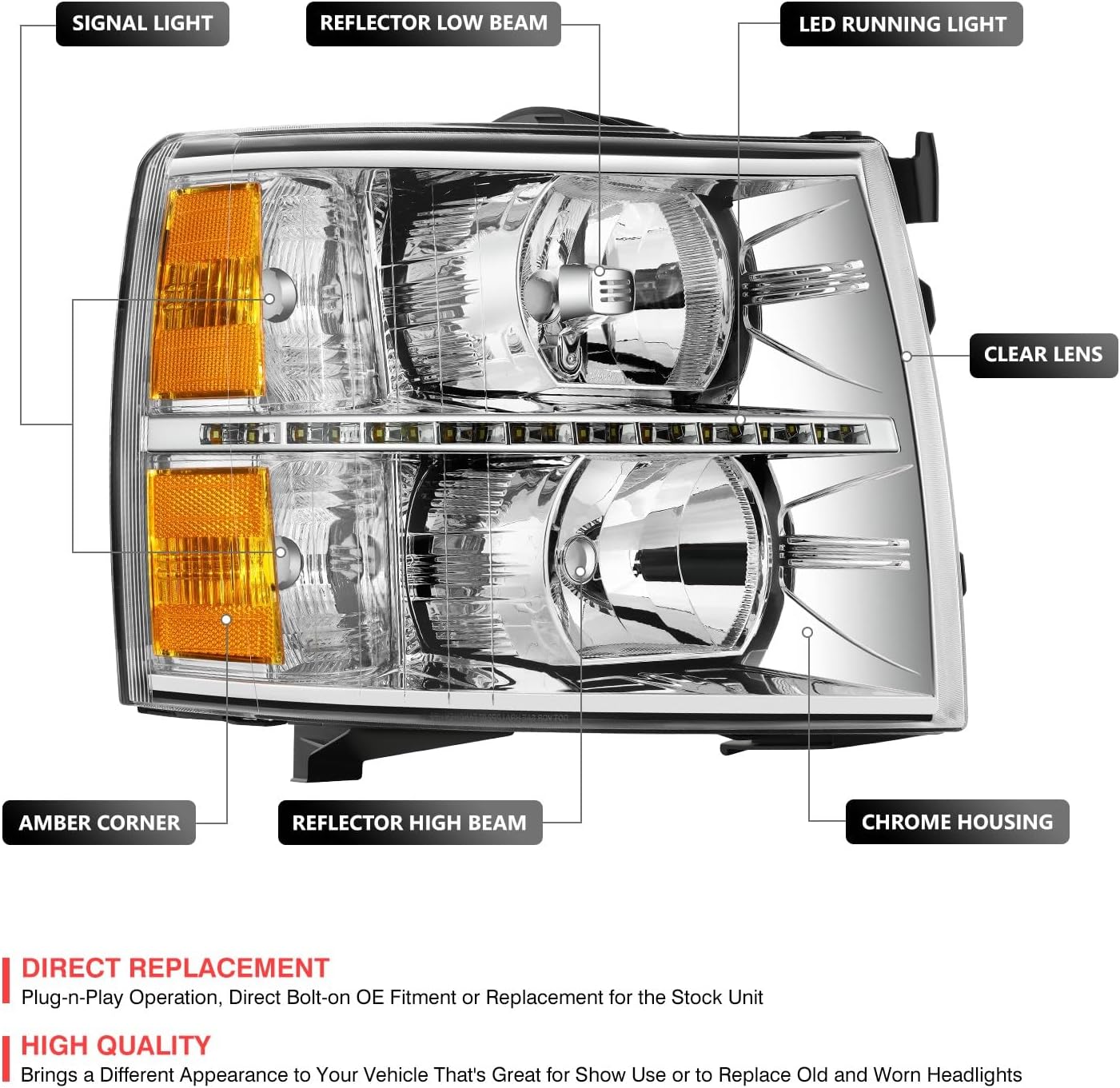 DNA MOTORING Pair LED DRL Headlights Compatible with 07-13 Chevy Silverado 1500 07-14 Silverado 2500 3500 HD, Chrome/Amber, HL-LED-CSIL07-CH-AM