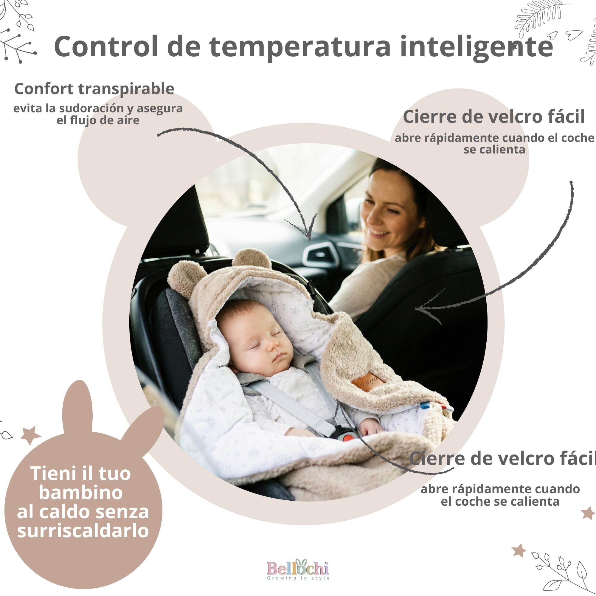 BELLOCHI Manta para capazo de bebé, color marrón, manta para cochecito y asiento de coche, 90 x 90 cm, algodón suave, con certificación Oeko-Tex, manta de invierno para bebés