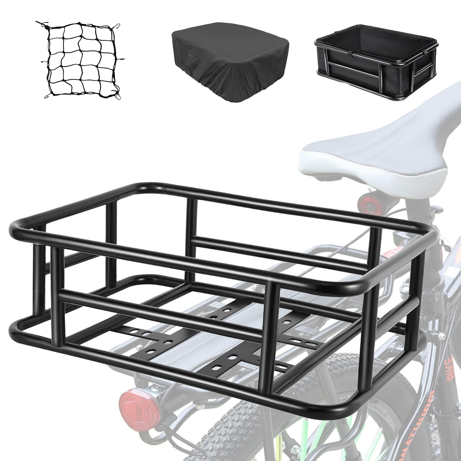 Fahrradkorb Hinten, Großer Gepäckträger Korb mit Netz, Einsatz & Wasserdichter Abdeckung, Robuster Fahrradkorb für E-Bike & normales Fahrrad