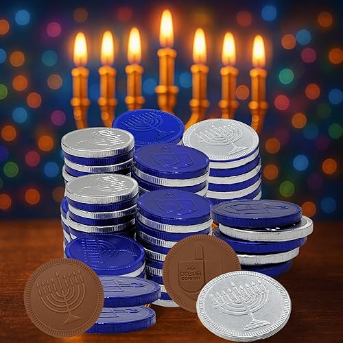 Miniatura 8 de The Dreidel Company Bolsas de malla Hanukkah azul y plateado, monedas de chocolate con leche, diseño de Hanukkah, sin gluten, sin OMG, certificado