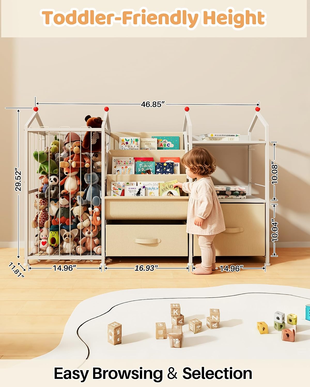 Toy Storage Organizer with Bookshelf and Stuffed Animal Storage